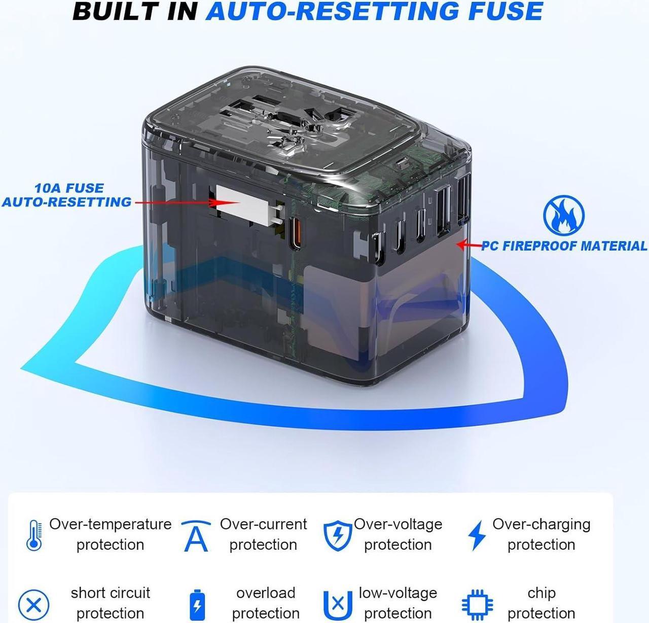 Alt view image 5 of 7 - Universal Travel Adapter PD 35W 7 in 1 International Power Plug Adapter with 7.0A 4 USB-C and 2 USB-A Fast Wall Charger Worldwide AC Outlet for US Europe UK AUS (Black+Silver)