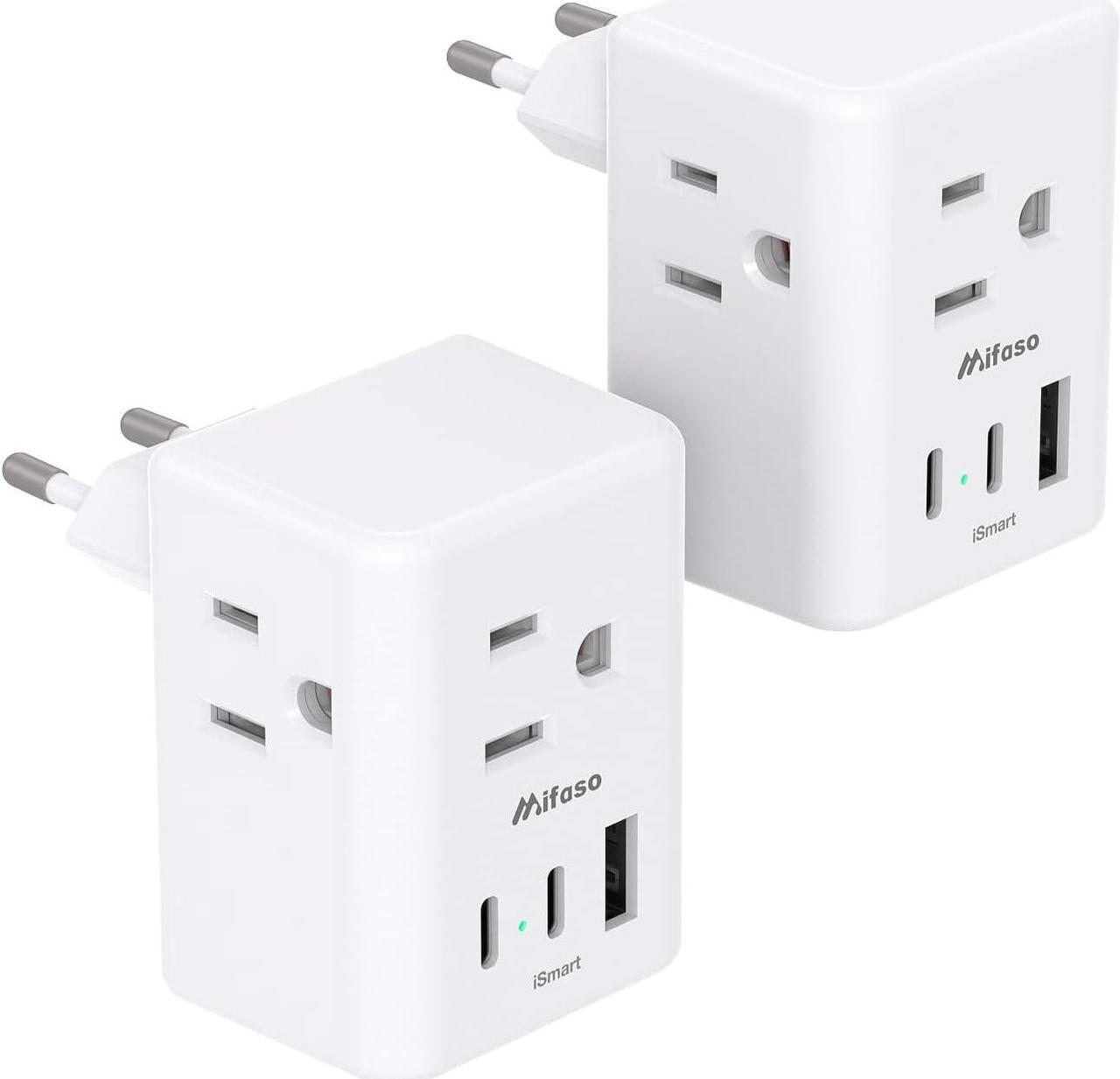 Main image of 2 Pack European Travel Plug Adapter International Power Plug Adapter with 3 Outlets 3 USB Charging Ports(2 USB C) Type C Plug Adapter Travel Essentials to Most Europe EU Spain Italy France Germany