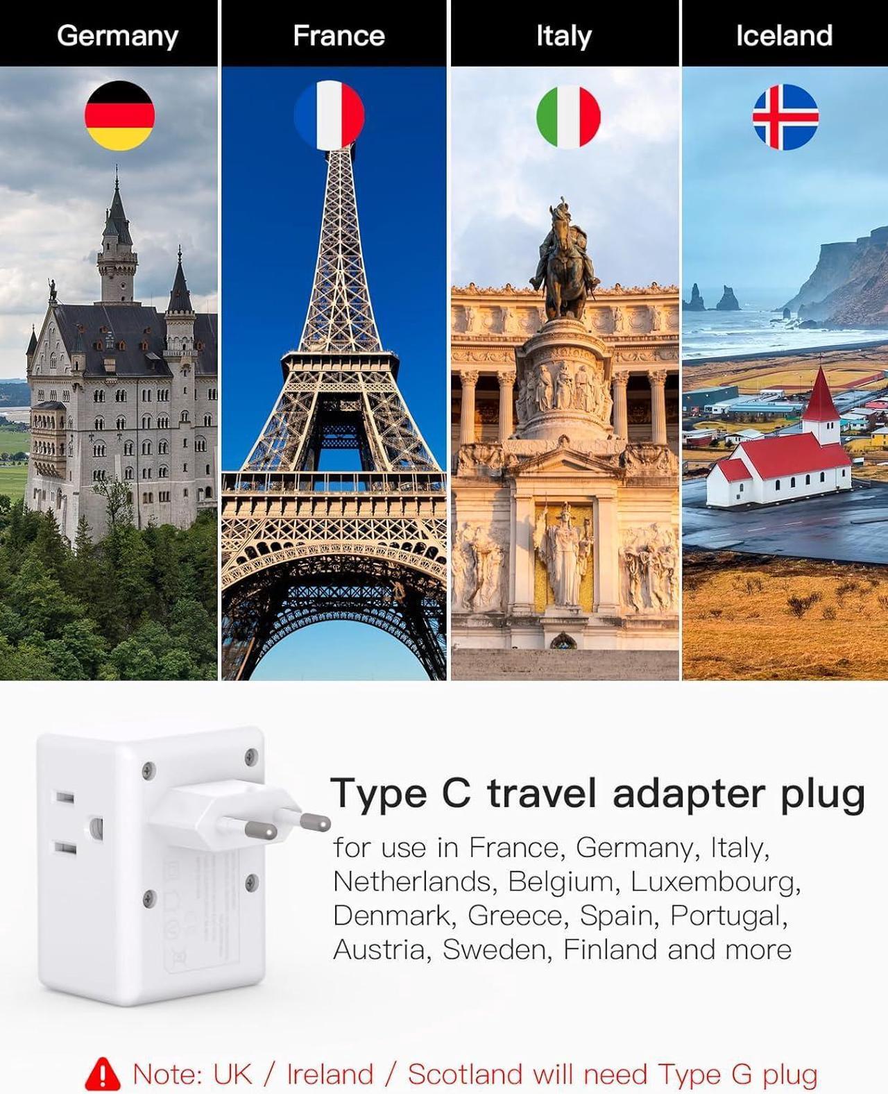 Alt view image 3 of 7 - 2 Pack European Travel Plug Adapter International Power Plug Adapter with 3 Outlets 3 USB Charging Ports(2 USB C) Type C Plug Adapter Travel Essentials to Most Europe EU Spain Italy France Germany