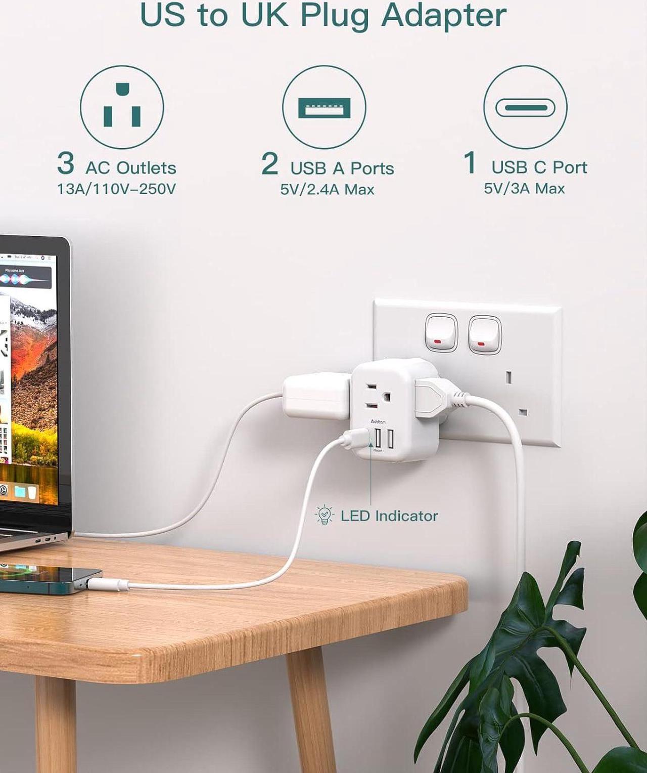 Alt view image 2 of 7 - US to UK Ireland Plug Adapter Type G Power Adapter with 3 AC Outlets and 3 USB(1 USB C) Travel Essentials for USA to Dubai Scotland British London England Hong Kong Irish