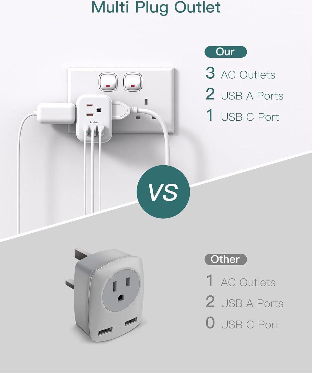 Alt view image 3 of 7 - US to UK Ireland Plug Adapter Type G Power Adapter with 3 AC Outlets and 3 USB(1 USB C) Travel Essentials for USA to Dubai Scotland British London England Hong Kong Irish