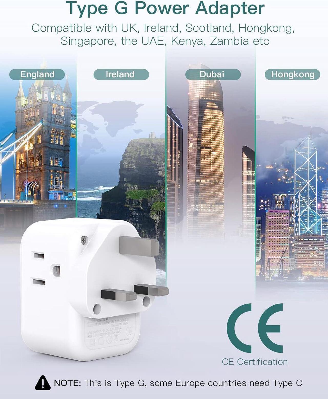 Alt view image 4 of 7 - US to UK Ireland Plug Adapter Type G Power Adapter with 3 AC Outlets and 3 USB(1 USB C) Travel Essentials for USA to Dubai Scotland British London England Hong Kong Irish
