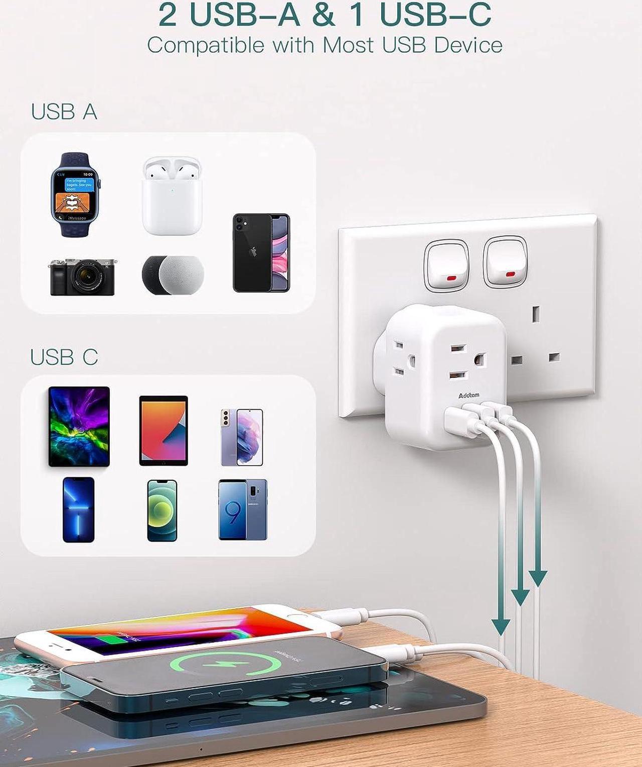 Alt view image 5 of 7 - US to UK Ireland Plug Adapter Type G Power Adapter with 3 AC Outlets and 3 USB(1 USB C) Travel Essentials for USA to Dubai Scotland British London England Hong Kong Irish