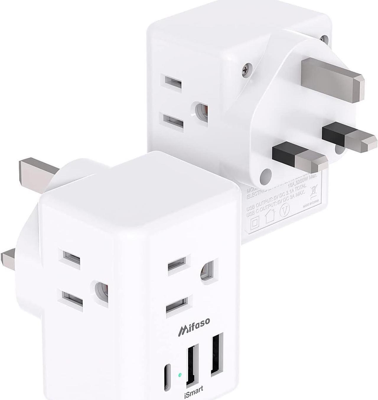 Main image of [2-Pack] UK Travel Plug Adapter - US to UK Plug Adapter Type G International Plug Adapter Dubai England Ireland Travel Essentials UK Power Adapter with 3 Electrical Outlet 3 USB Charger(1 USB C)