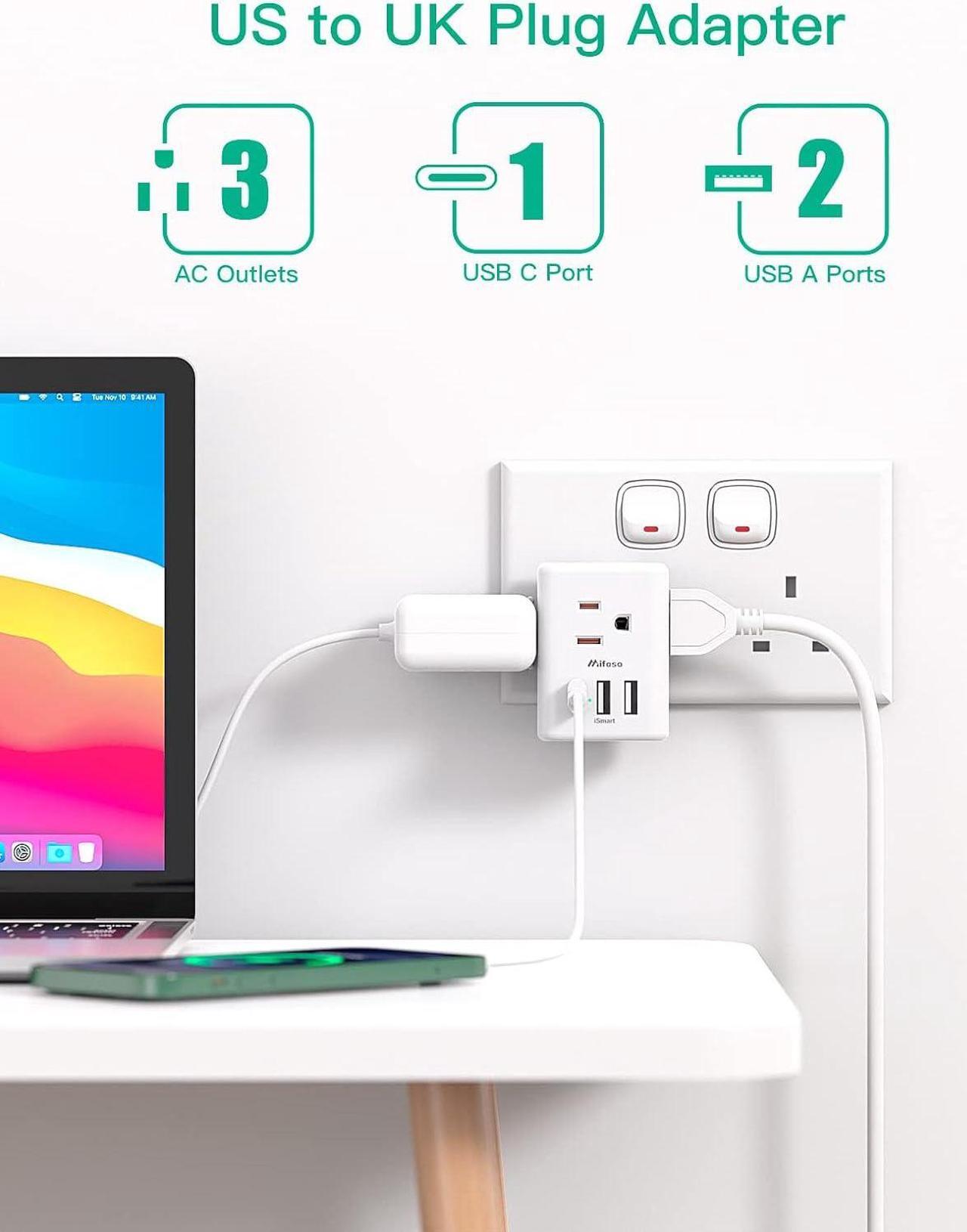 Alt view image 2 of 7 - [2-Pack] UK Travel Plug Adapter - US to UK Plug Adapter Type G International Plug Adapter Dubai England Ireland Travel Essentials UK Power Adapter with 3 Electrical Outlet 3 USB Charger(1 USB C)