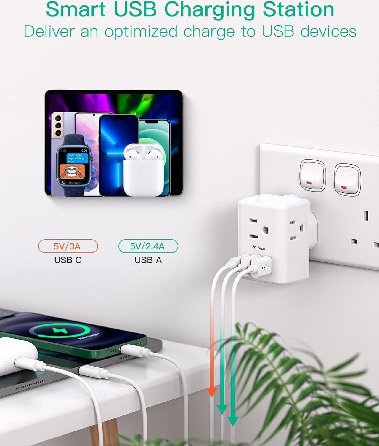 Alt view image 3 of 7 - [2-Pack] UK Travel Plug Adapter - US to UK Plug Adapter Type G International Plug Adapter Dubai England Ireland Travel Essentials UK Power Adapter with 3 Electrical Outlet 3 USB Charger(1 USB C)