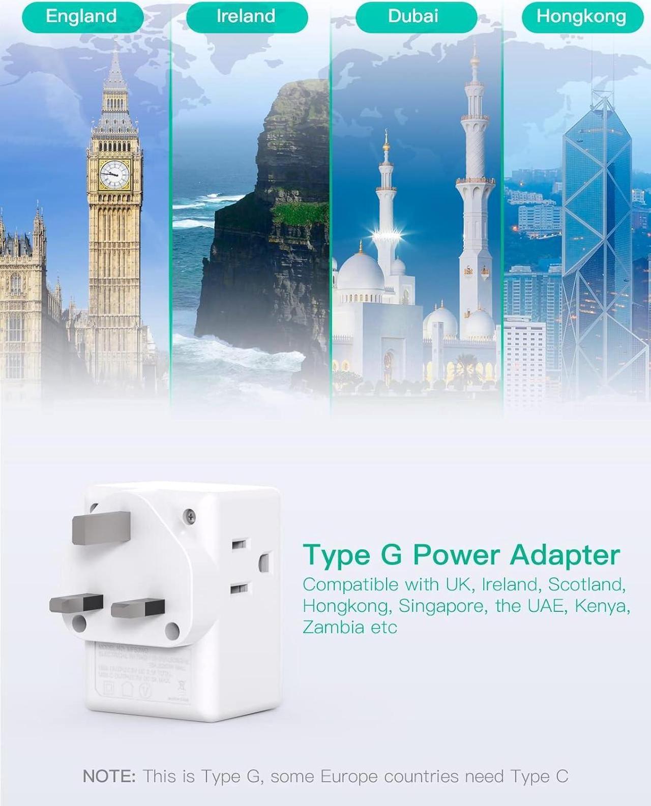 Alt view image 4 of 7 - [2-Pack] UK Travel Plug Adapter - US to UK Plug Adapter Type G International Plug Adapter Dubai England Ireland Travel Essentials UK Power Adapter with 3 Electrical Outlet 3 USB Charger(1 USB C)