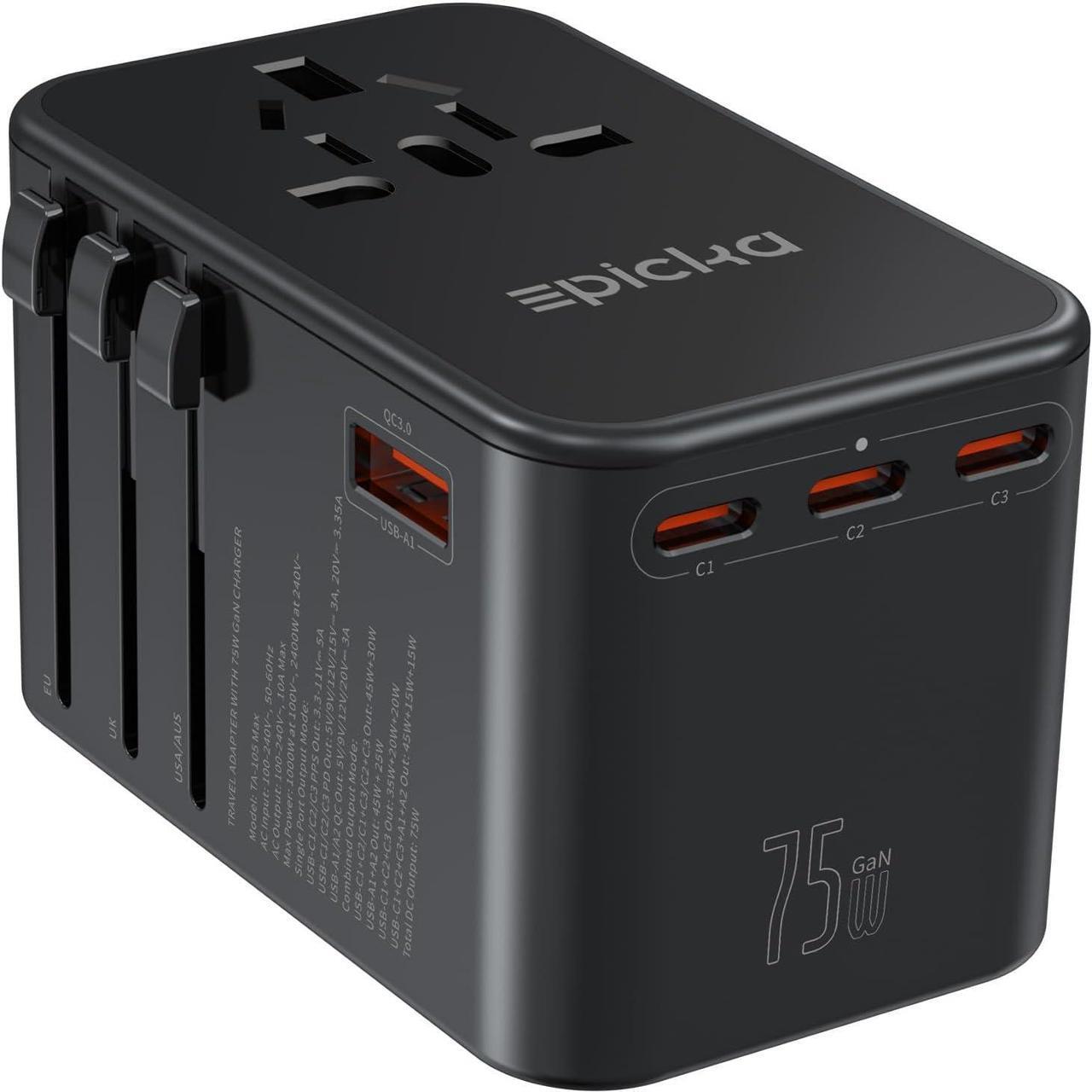 Main image of Universal Travel Adapter, GaN 75W International Plug Adapter with 3 USB-C PD Fast Charging & 2 USB-A Quick Charging Adaptor All-in-one Wall Charger for USA EU UK AUS (TA-105 Max, Black)