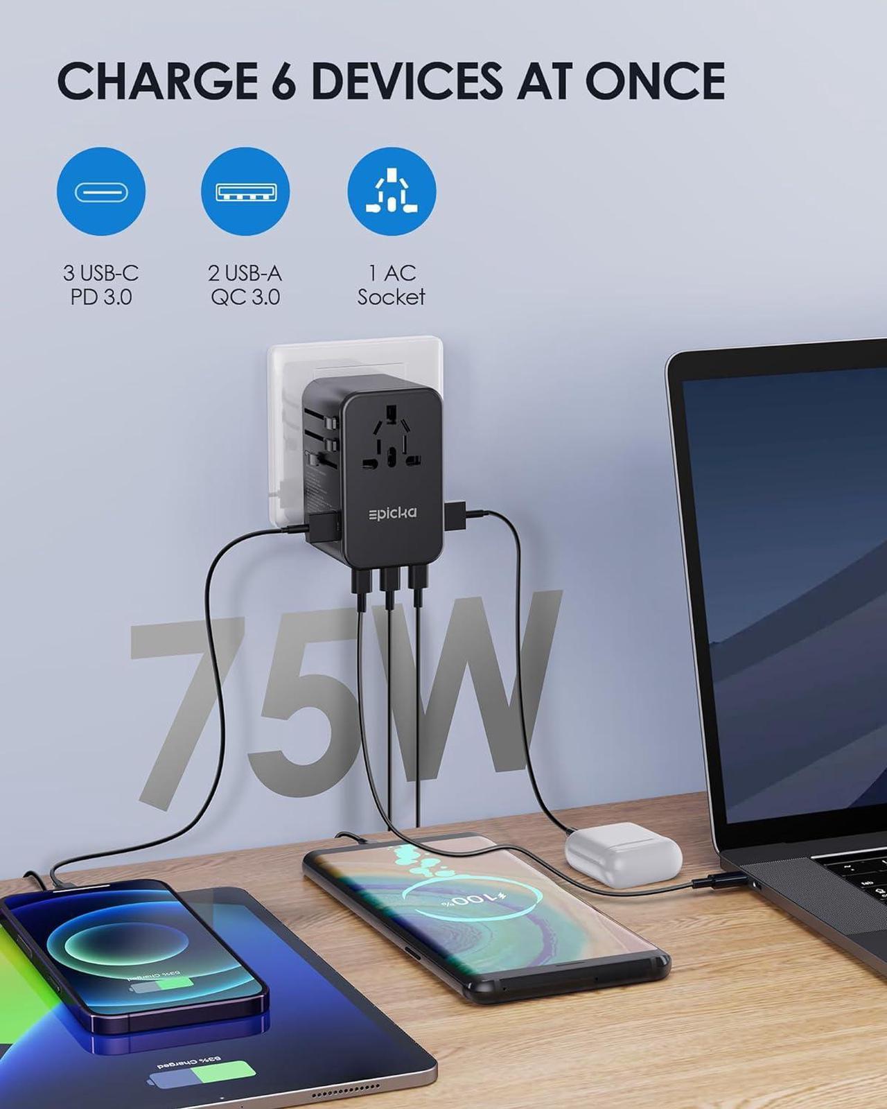 Alt view image 2 of 7 - Universal Travel Adapter, GaN 75W International Plug Adapter with 3 USB-C PD Fast Charging & 2 USB-A Quick Charging Adaptor All-in-one Wall Charger for USA EU UK AUS (TA-105 Max, Black)