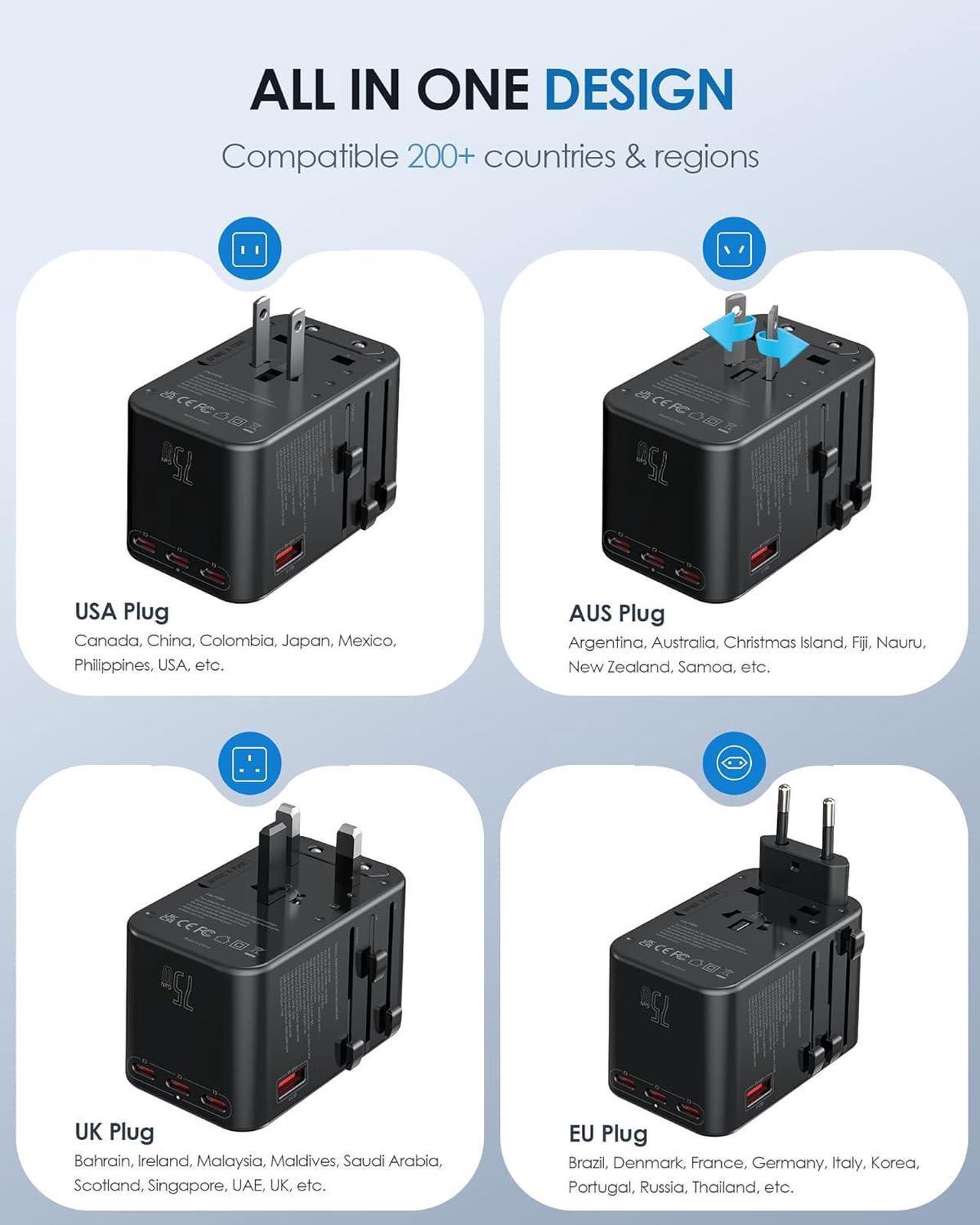 Alt view image 6 of 7 - Universal Travel Adapter, GaN 75W International Plug Adapter with 3 USB-C PD Fast Charging & 2 USB-A Quick Charging Adaptor All-in-one Wall Charger for USA EU UK AUS (TA-105 Max, Black)