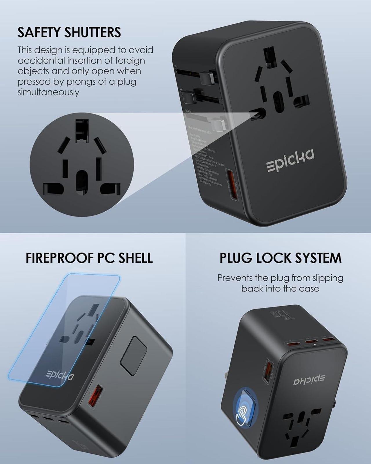 Alt view image 4 of 7 - Universal Travel Adapter, GaN 75W International Plug Adapter with 3 USB-C PD Fast Charging & 2 USB-A Quick Charging Adaptor All-in-one Wall Charger for USA EU UK AUS (TA-105 Max, Black)