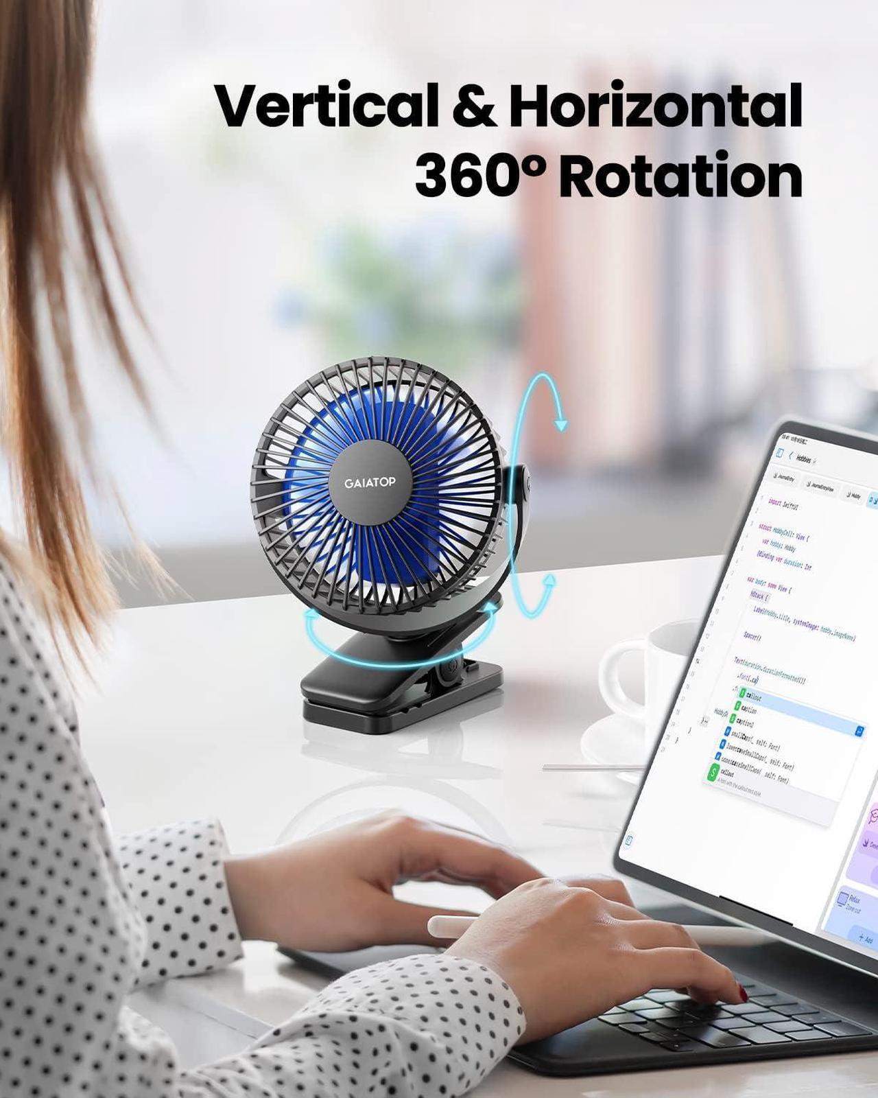 Alt view image 2 of 6 - Portable Clip on Fan Battery Operated Small Powerful USB Desk Fan 3 Speed Quiet Rechargeable Mini Table Fan 360° Rotate Personal Cooling Fan for Home Office Stroller Camping Black Blue
