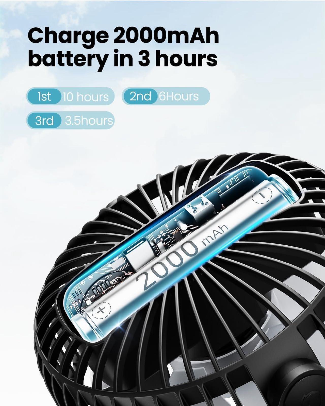 Alt view image 4 of 6 - Portable Clip on Fan Battery Operated Small Powerful USB Desk Fan 3 Speed Quiet Rechargeable Mini Table Fan 360° Rotate Personal Cooling Fan for Home Office Stroller Camping Black Blue