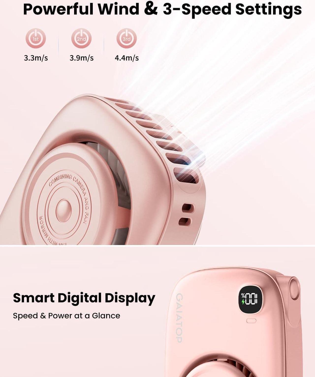 Alt view image 6 of 6 - Neck Fan Rechargeable Mini Portable Fan Cute Camera Design Small Desk Fan with 360°Rotate Mirror 3 Speed USB Handheld Fan with LED Display Cooling Personal Lash Fan Travel Essentials Pink
