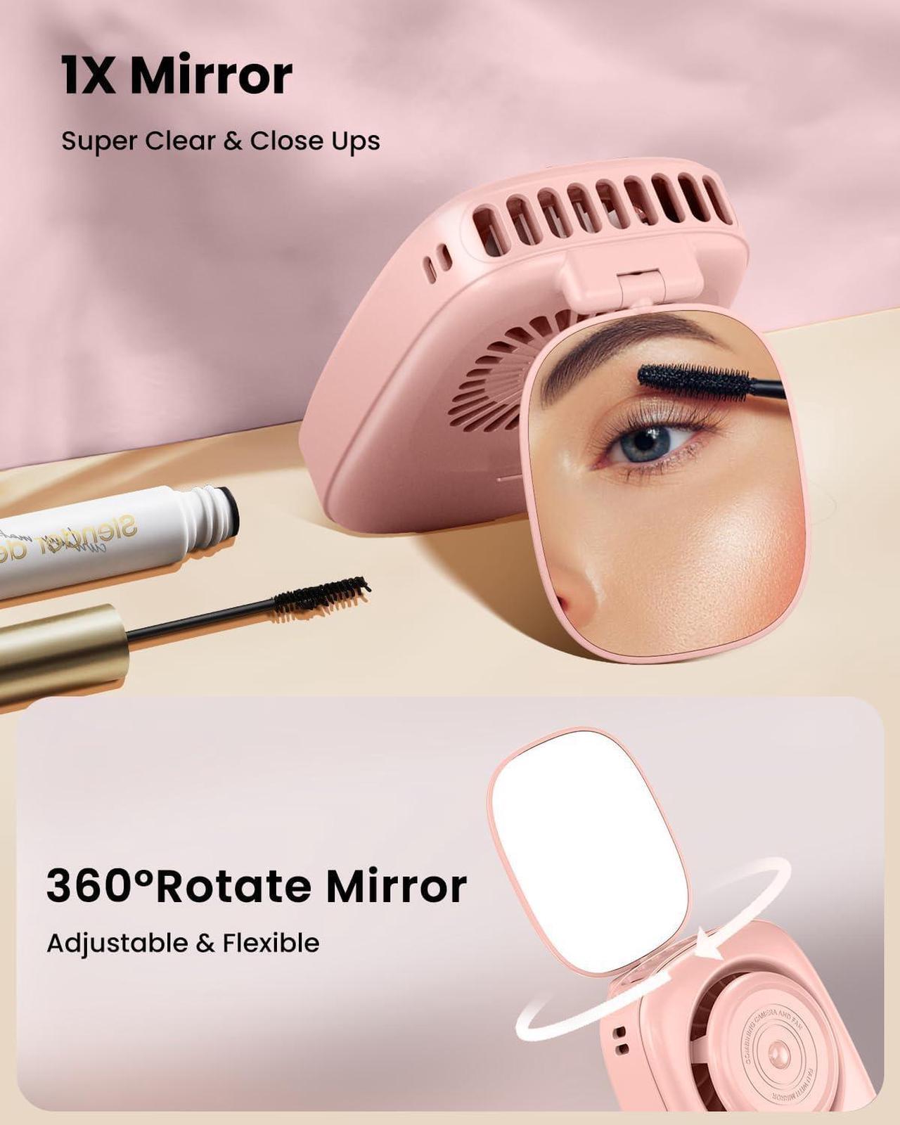 Alt view image 3 of 6 - Neck Fan Rechargeable Mini Portable Fan Cute Camera Design Small Desk Fan with 360°Rotate Mirror 3 Speed USB Handheld Fan with LED Display Cooling Personal Lash Fan Travel Essentials Pink