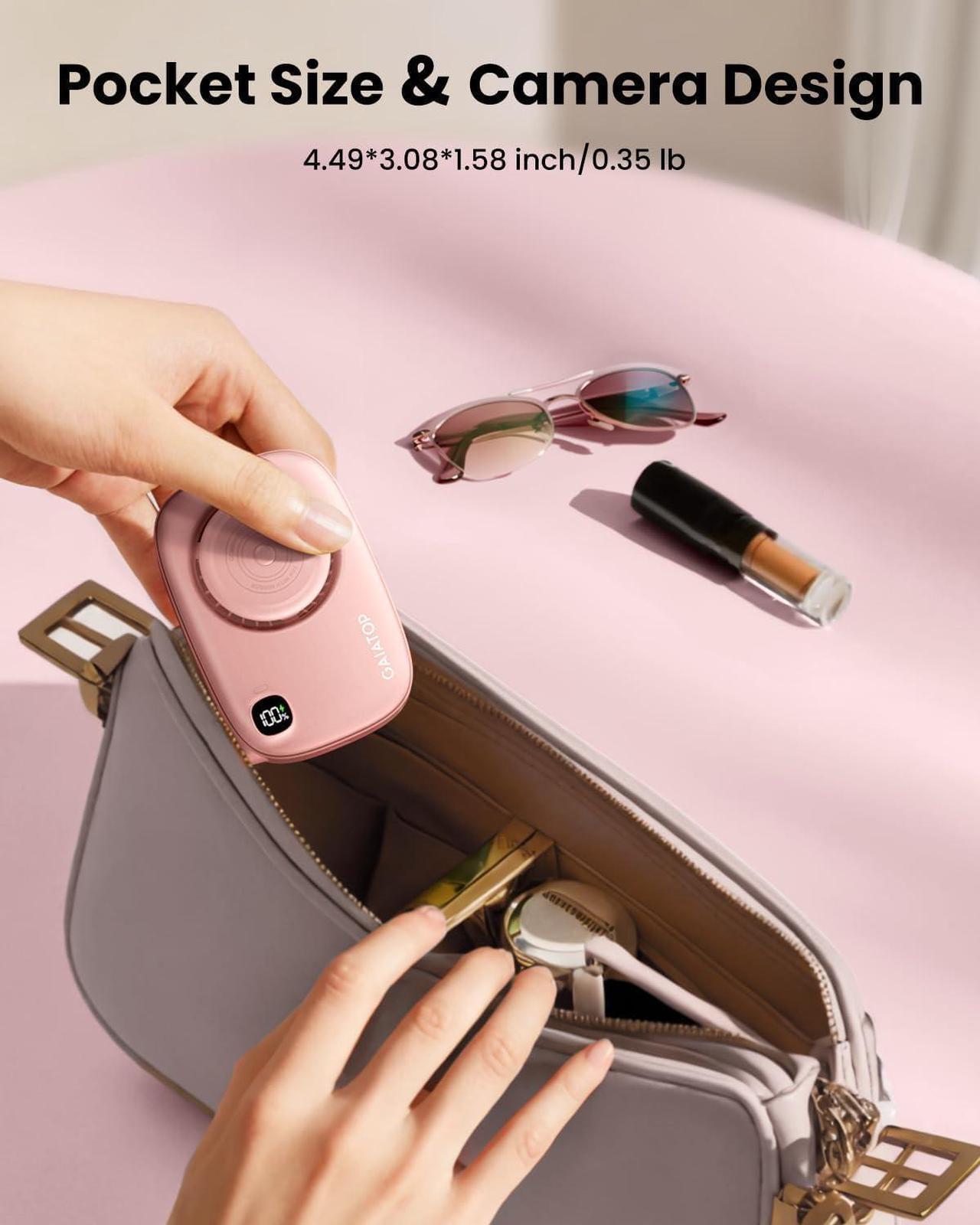Alt view image 4 of 6 - Neck Fan Rechargeable Mini Portable Fan Cute Camera Design Small Desk Fan with 360°Rotate Mirror 3 Speed USB Handheld Fan with LED Display Cooling Personal Lash Fan Travel Essentials Pink