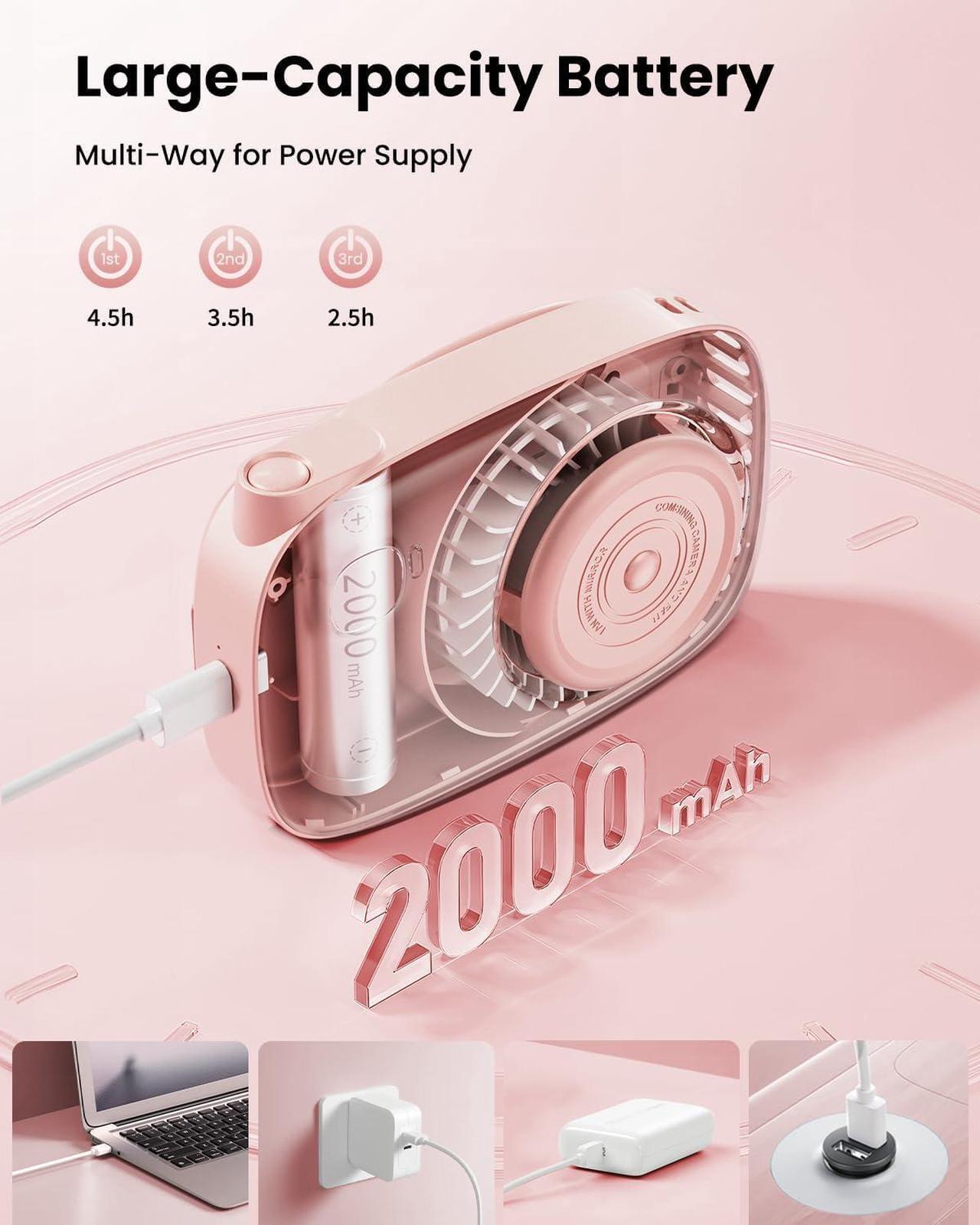 Alt view image 5 of 6 - Neck Fan Rechargeable Mini Portable Fan Cute Camera Design Small Desk Fan with 360°Rotate Mirror 3 Speed USB Handheld Fan with LED Display Cooling Personal Lash Fan Travel Essentials Pink