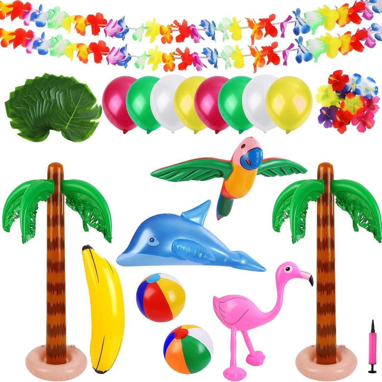 Main image of 57 Pieces Inflatable Luau Party Set includes Inflatable Palm Trees Inflatable Banana Beach Balls Flamingo Toys Flying Parrot Dolphin for Hawaii Party Luau Beach Party Decor