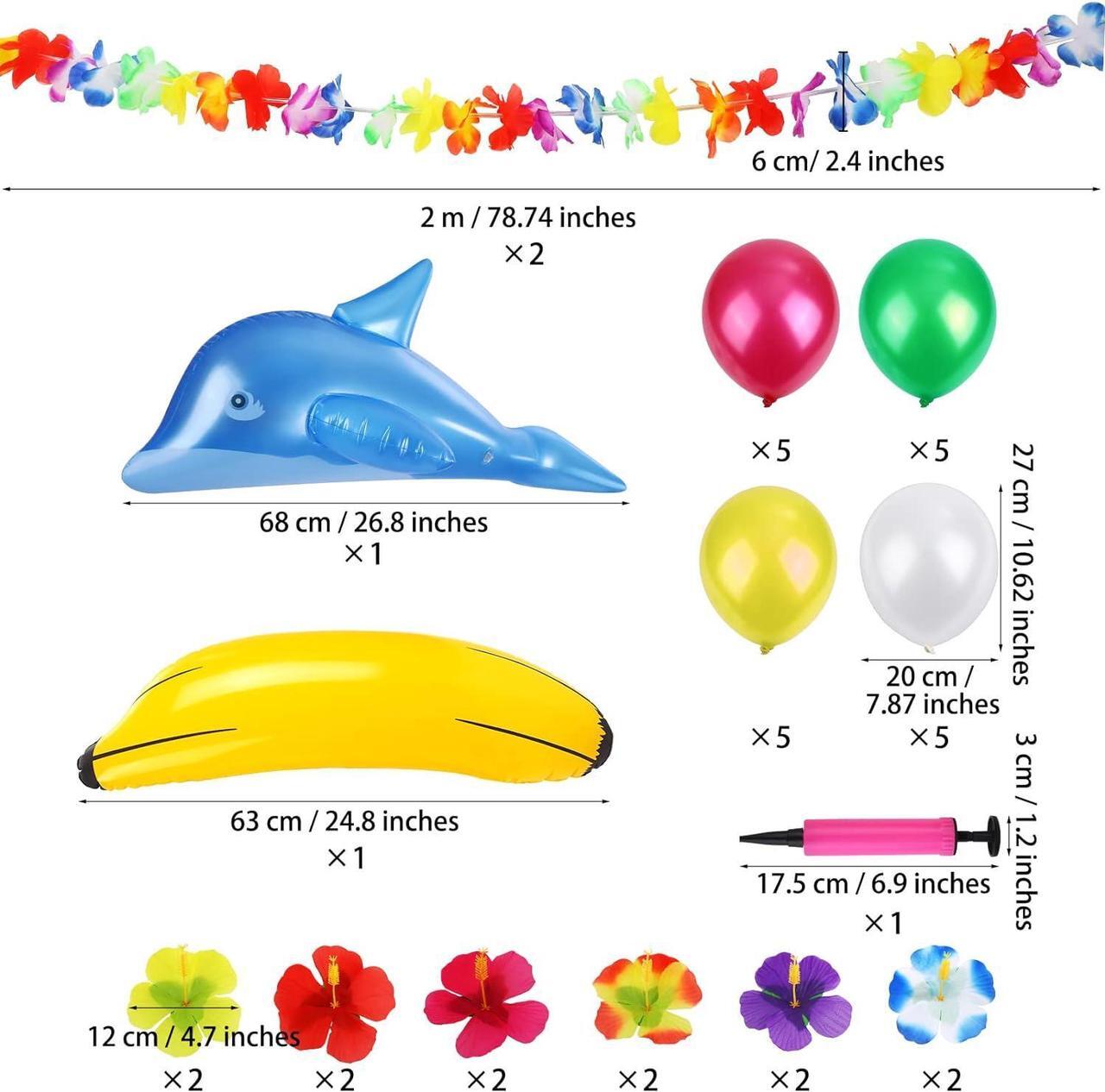 Alt view image 2 of 7 - 57 Pieces Inflatable Luau Party Set includes Inflatable Palm Trees Inflatable Banana Beach Balls Flamingo Toys Flying Parrot Dolphin for Hawaii Party Luau Beach Party Decor