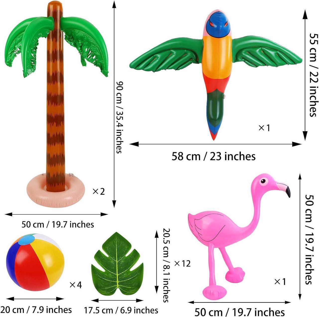 Alt view image 3 of 7 - 57 Pieces Inflatable Luau Party Set includes Inflatable Palm Trees Inflatable Banana Beach Balls Flamingo Toys Flying Parrot Dolphin for Hawaii Party Luau Beach Party Decor
