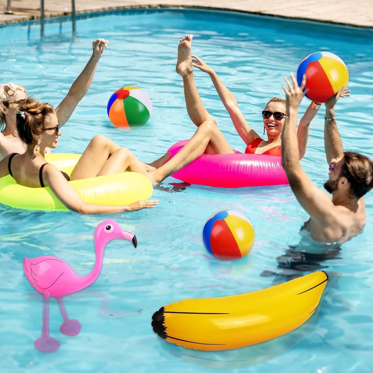 Alt view image 5 of 7 - 57 Pieces Inflatable Luau Party Set includes Inflatable Palm Trees Inflatable Banana Beach Balls Flamingo Toys Flying Parrot Dolphin for Hawaii Party Luau Beach Party Decor