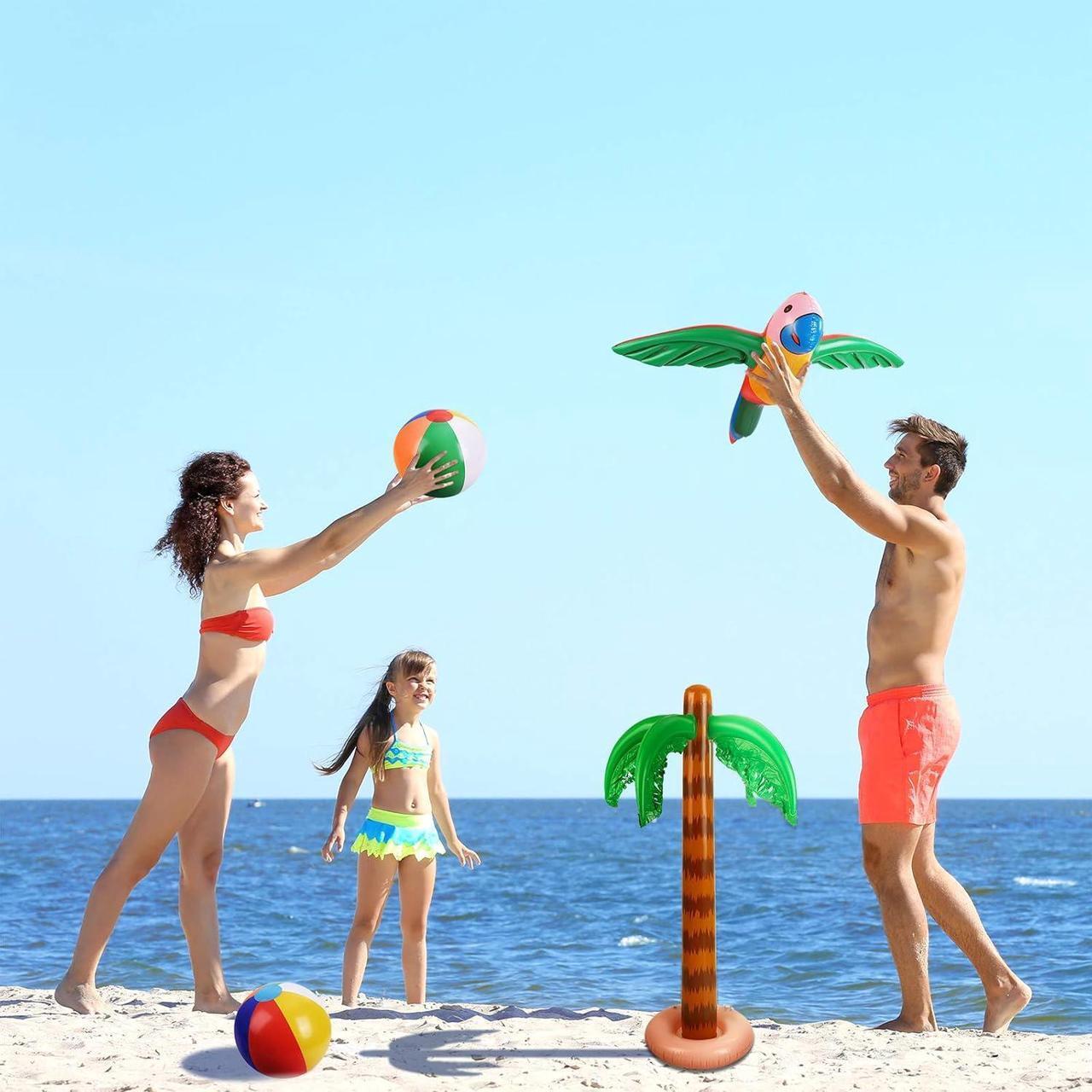 Alt view image 6 of 7 - 57 Pieces Inflatable Luau Party Set includes Inflatable Palm Trees Inflatable Banana Beach Balls Flamingo Toys Flying Parrot Dolphin for Hawaii Party Luau Beach Party Decor