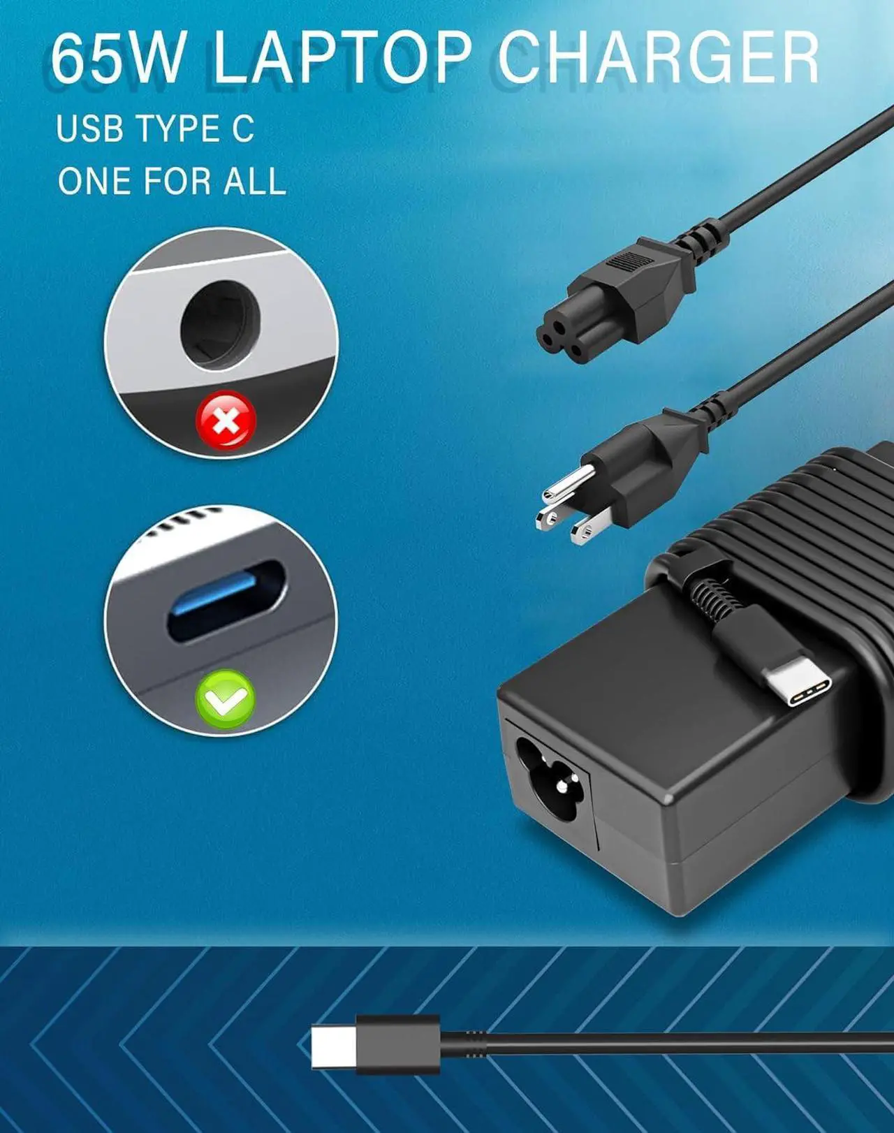 Alt view image 6 of 7 - Universal USB-C Laptop Charger 65w 45w Chromebook Charger for Dell Hp Lenovo Acer Razer Blade Stealth Samsung Chromebook MacBook Asus Fast Charging Type C Slim Travel Power Adapter