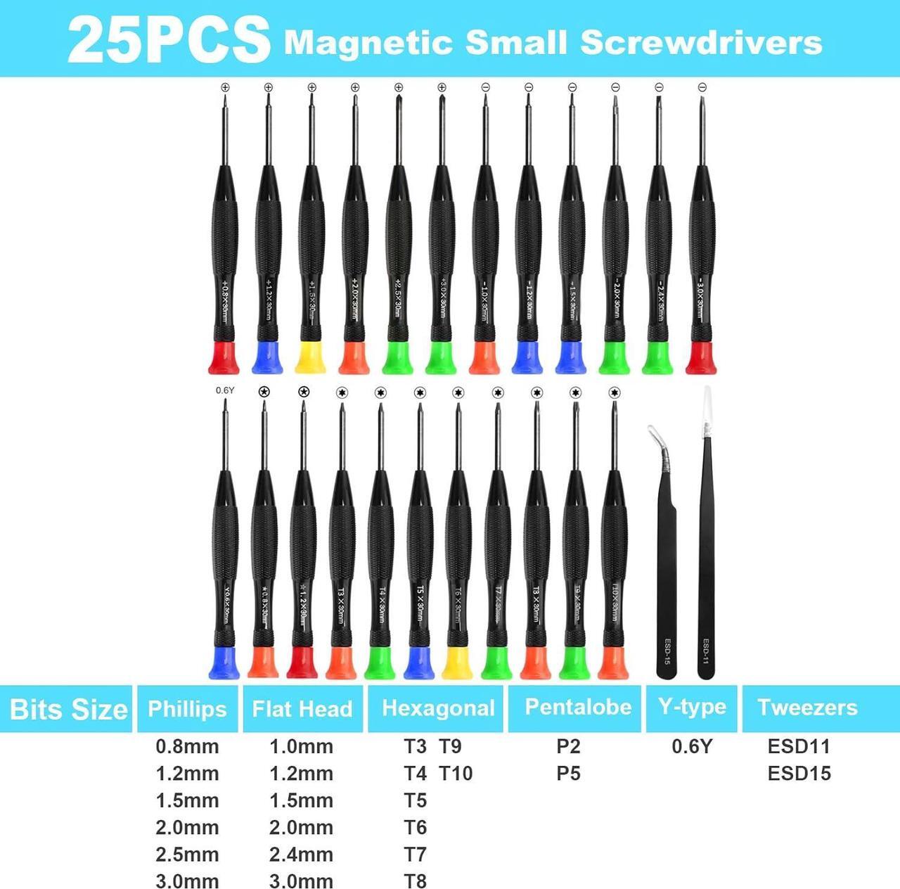 Alt view image 2 of 7 - Precision Screwdriver Set 25 PCS Small Screwdriver Set Magnetic with Torx Flathead Phillips Star Pentalobe Y Screwdrivers ESD Tweezers for Eyeglass Watchmaker Computer PC Electronic Laptop Jewelers
