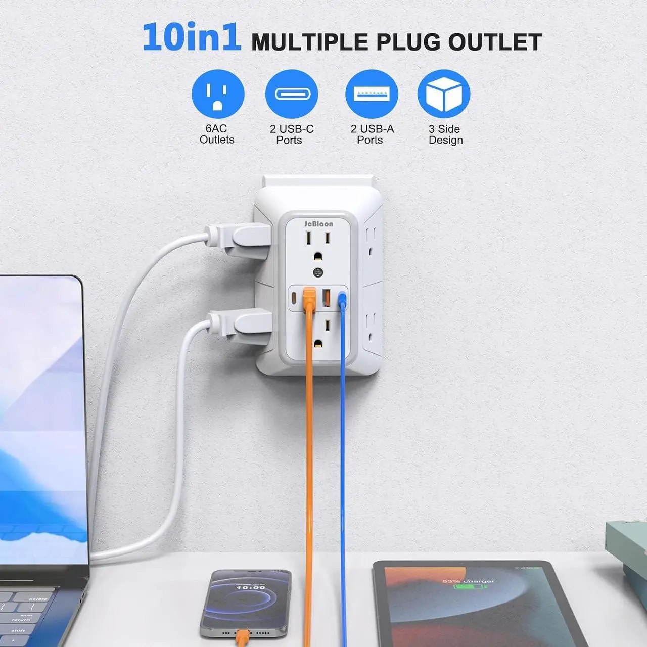 Alt view image 2 of 7 - Outlet Extender Surge Protector - 6 Outlet Splitter with 4 USB Ports (2 USB C) Multiple Plug Expander Wall Charger 3 Sided Multi Plug Wall Adapter Power Strip for Home Office Kitchen Travel
