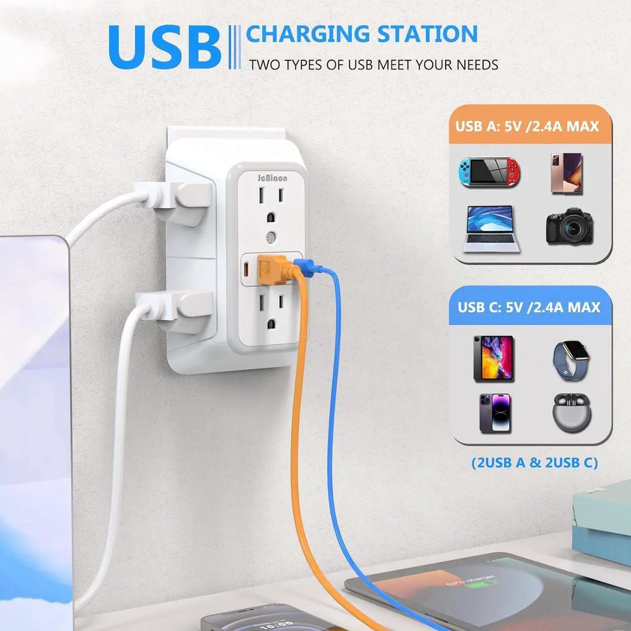 Alt view image 3 of 7 - Outlet Extender Surge Protector - 6 Outlet Splitter with 4 USB Ports (2 USB C) Multiple Plug Expander Wall Charger 3 Sided Multi Plug Wall Adapter Power Strip for Home Office Kitchen Travel