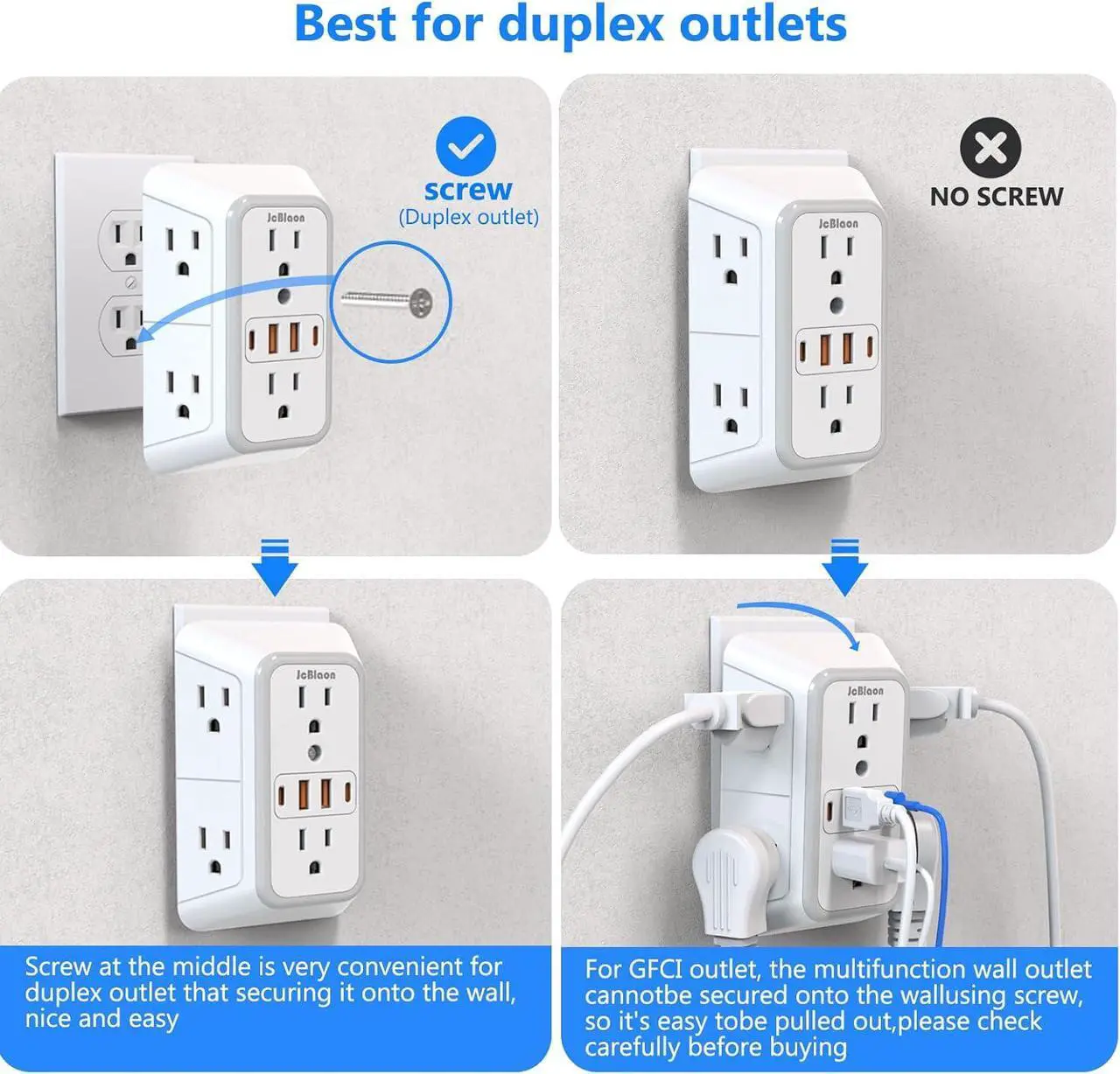 Alt view image 4 of 7 - Outlet Extender Surge Protector - 6 Outlet Splitter with 4 USB Ports (2 USB C) Multiple Plug Expander Wall Charger 3 Sided Multi Plug Wall Adapter Power Strip for Home Office Kitchen Travel