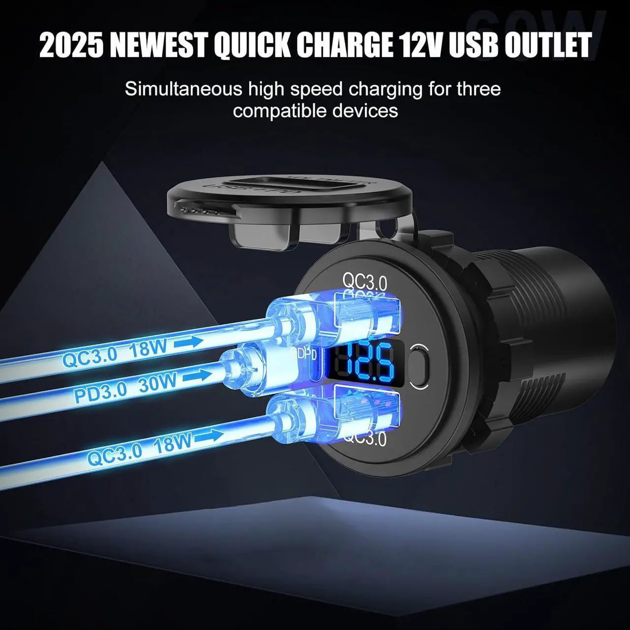 Alt view image 3 of 7 - 12V USB C Outlet Marine USB Charging Port for Car Dual Quick Charge 3.0 & PD 3.0 Car Charger Socket with Button Switch and Voltmeter Cigarette Lighter Replacement DIY Kit for 12V/24V Vehicles