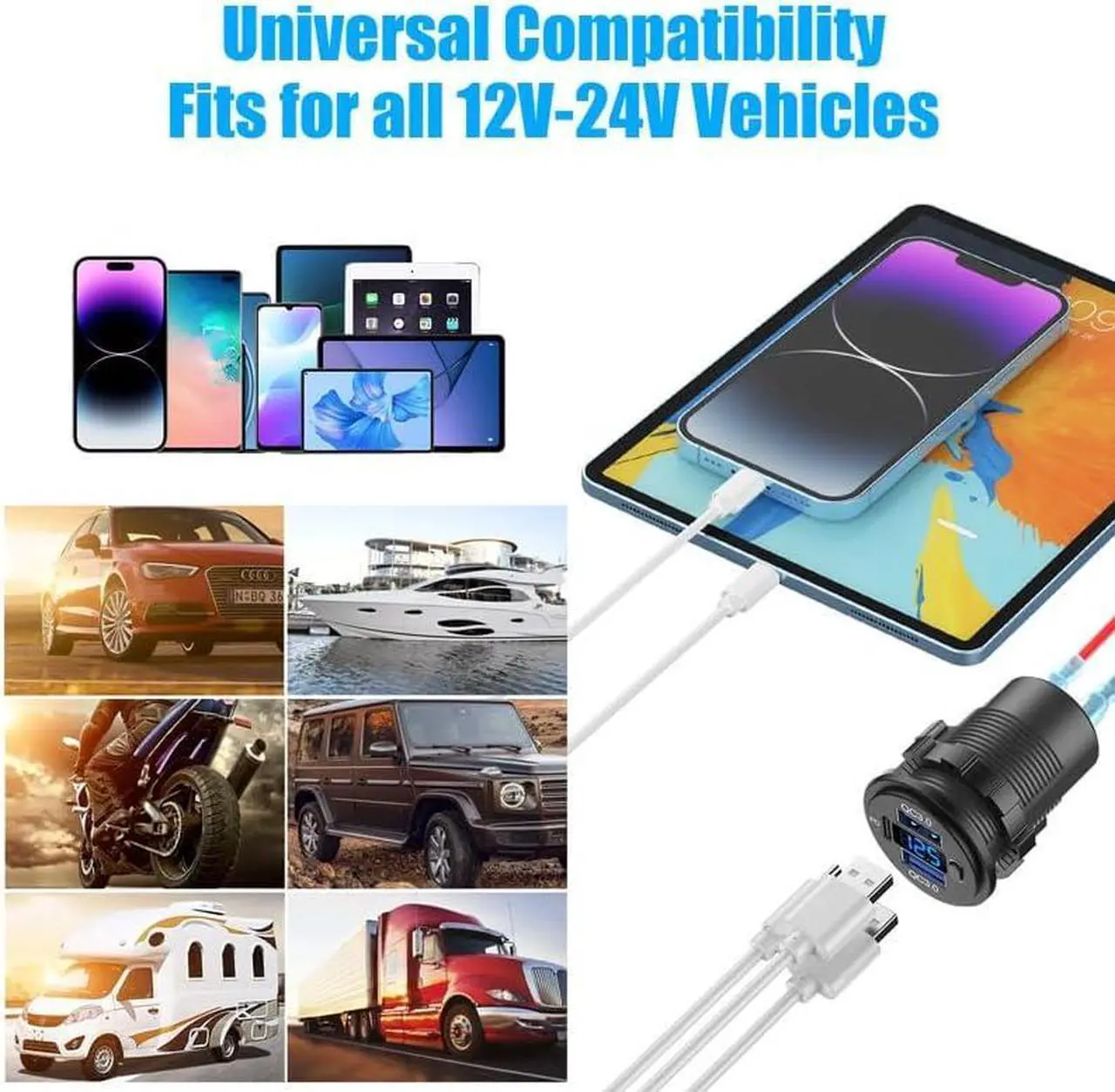 Alt view image 6 of 7 - 12V USB C Outlet Marine USB Charging Port for Car Dual Quick Charge 3.0 & PD 3.0 Car Charger Socket with Button Switch and Voltmeter Cigarette Lighter Replacement DIY Kit for 12V/24V Vehicles