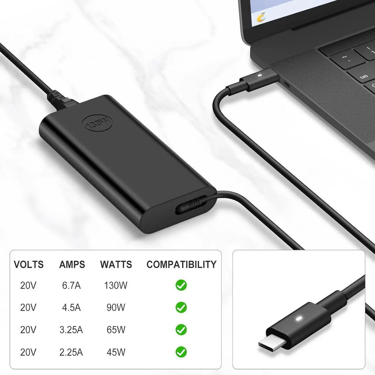 Alt view image 5 of 7 - Charger for Dell Laptop Computer 130W 90W 65W 45W USB C Fast Power Adapter