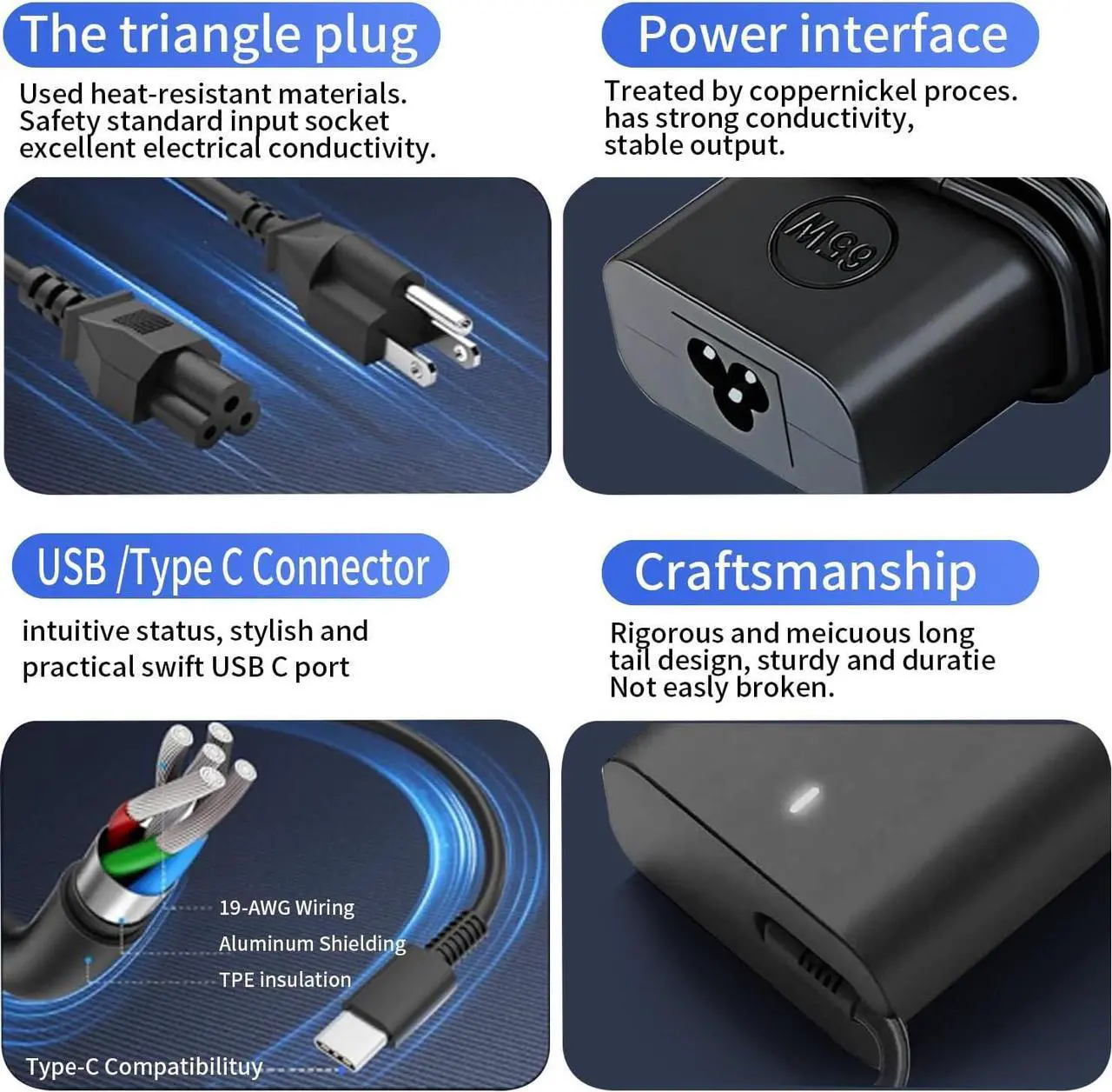 Alt view image 4 of 7 - New Slim 65W USB C Laptop Charger for Dell Latitude 5540 5440 7440 5450 e5430 5430 5530 7430 3450 5550 5350 7450 5420 7420 5520 e5440 2in1,XPS 13,Chromebook 3100 65W Watt Type C AC Power Adapter Cord