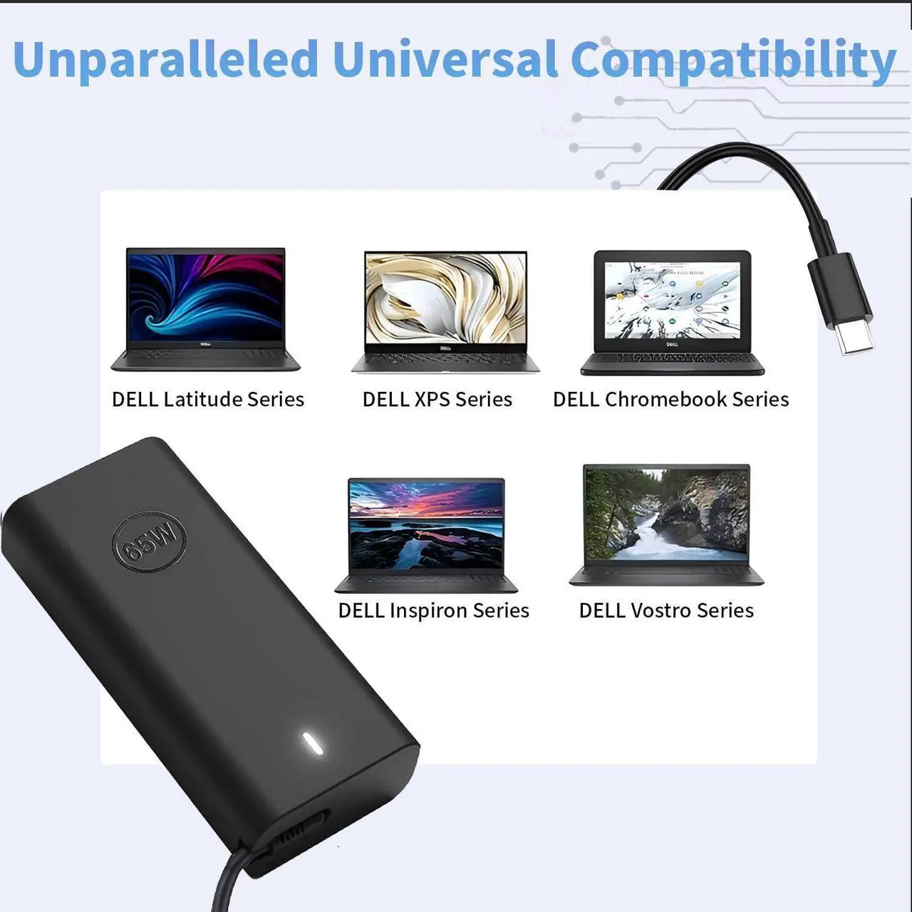 Alt view image 6 of 7 - New Slim 65W USB C Laptop Charger for Dell Latitude 5540 5440 7440 5450 e5430 5430 5530 7430 3450 5550 5350 7450 5420 7420 5520 e5440 2in1,XPS 13,Chromebook 3100 65W Watt Type C AC Power Adapter Cord