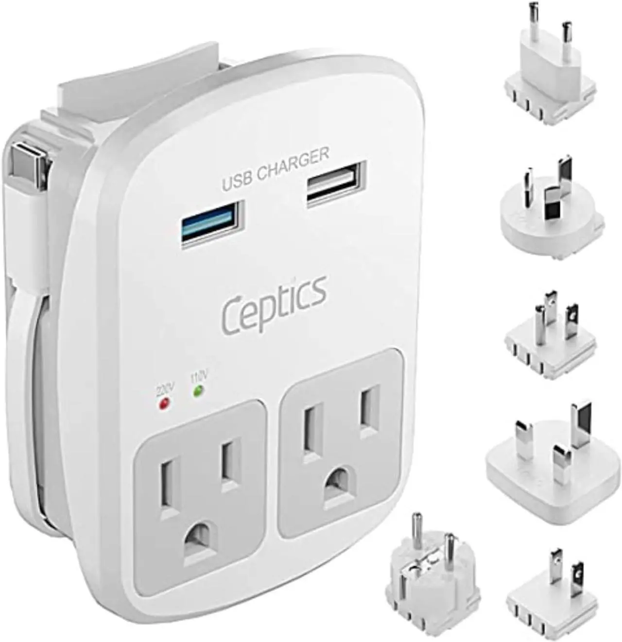 Main image of Universal Travel Adapter Kit  2 USA sockets 2 USB-A (1x QC 3.0) and USB-C cable Surge Protected Plugs for EU UK China AU Japan - Use with Laptop Phones Cameras - ETL Tested