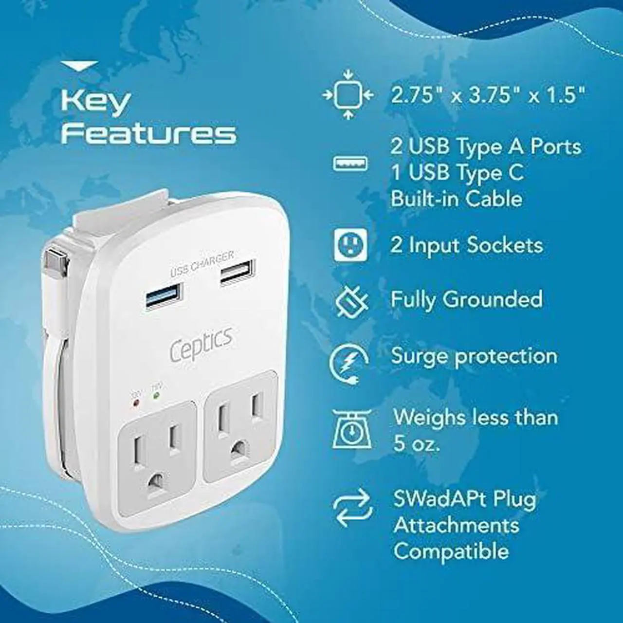 Alt view image 2 of 4 - Universal Travel Adapter Kit  2 USA sockets 2 USB-A (1x QC 3.0) and USB-C cable Surge Protected Plugs for EU UK China AU Japan - Use with Laptop Phones Cameras - ETL Tested