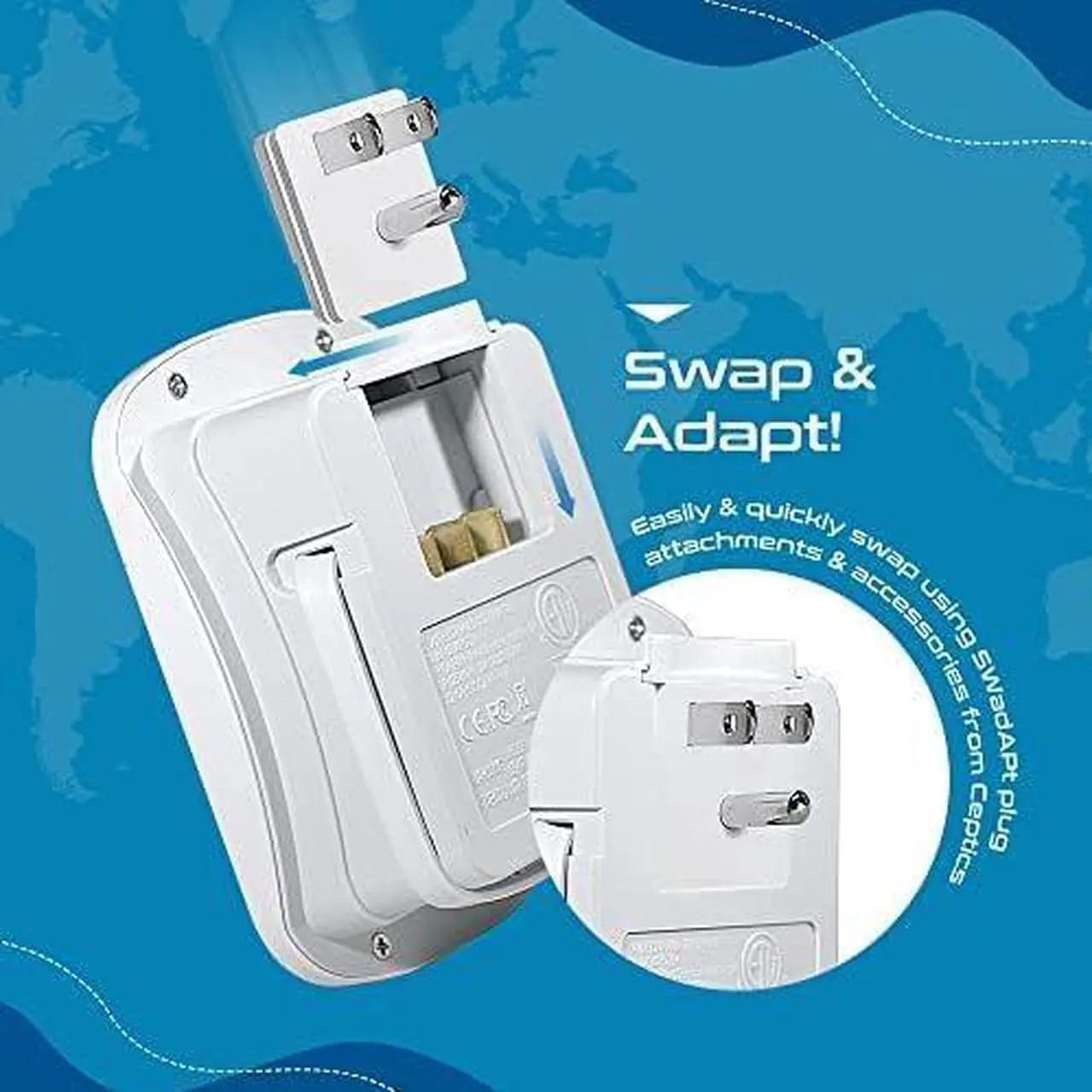 Alt view image 3 of 4 - Universal Travel Adapter Kit  2 USA sockets 2 USB-A (1x QC 3.0) and USB-C cable Surge Protected Plugs for EU UK China AU Japan - Use with Laptop Phones Cameras - ETL Tested