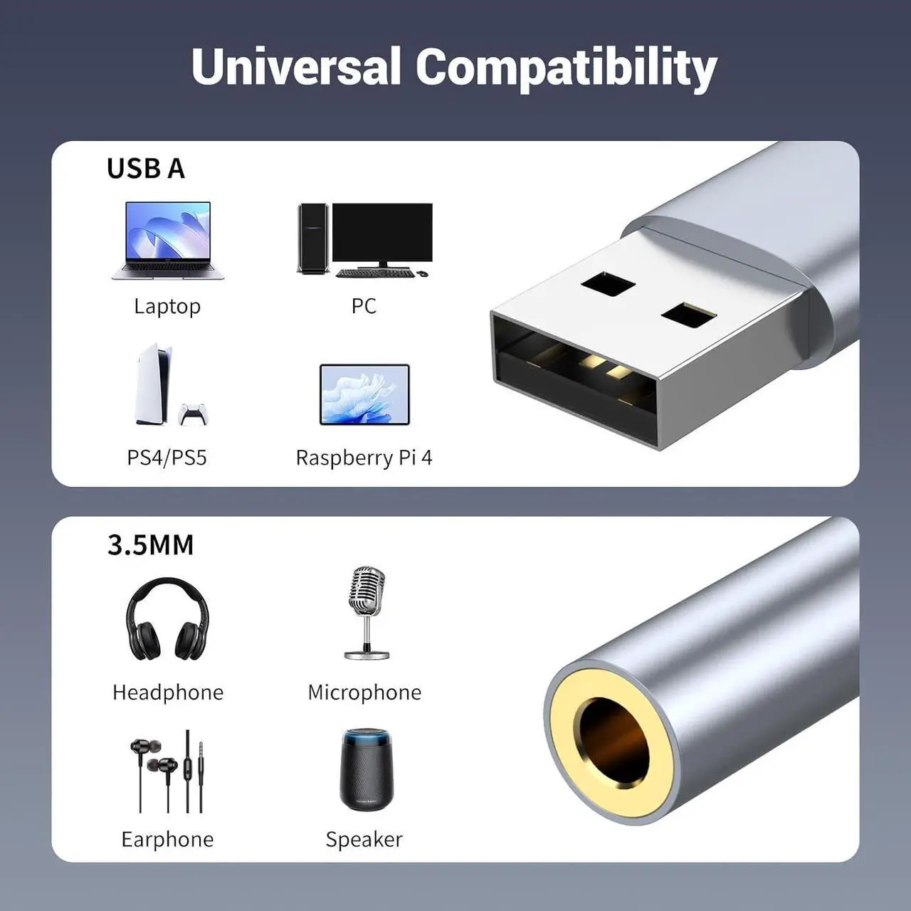 Alt view image 3 of 6 - USB to 3.5mm Jack Audio Adapter USB to Audio Aux Cable External Stereo Sound Card USB to 3.5mm TRRS Female Headset for PS4/PS5/Headphone/Mac/Linux/Laptop/Desktops/Docking Station