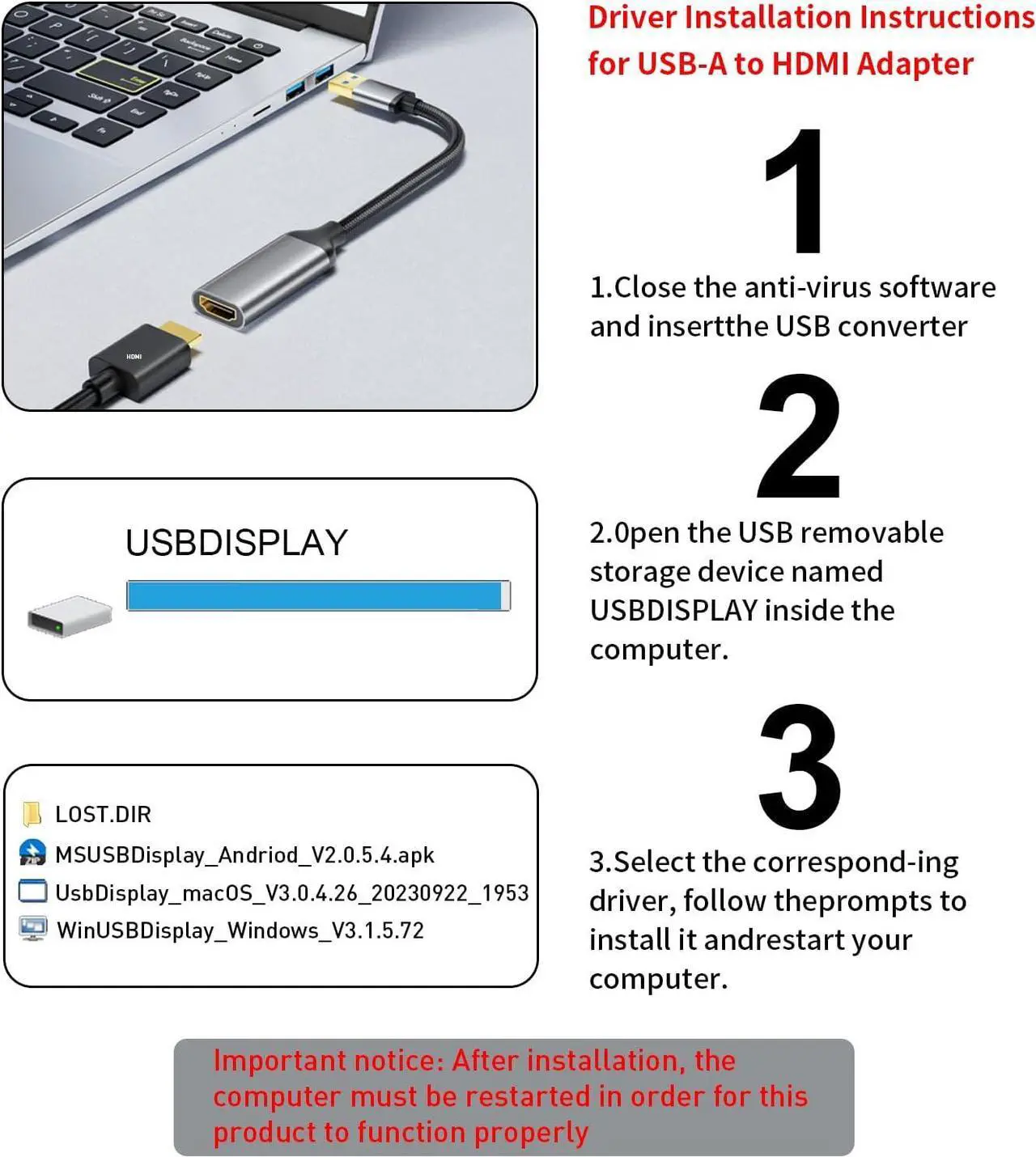 Alt view image 3 of 7 - USB to HDMI Adapter 1080P@60Hz USB 3.0 Male to HDMI Female Multi-Display Cable Converter Suitable for Macos Windows 7/8/10/11 - Driver Installation is Required