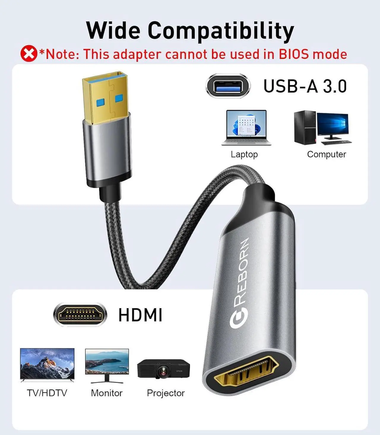 Alt view image 7 of 7 - USB to HDMI Adapter 1080P@60Hz USB 3.0 Male to HDMI Female Multi-Display Cable Converter Suitable for Macos Windows 7/8/10/11 - Driver Installation is Required