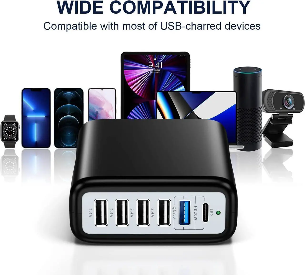 Alt view image 3 of 7 - USB C Charging Station Fast Wall Charger USBC Charging Power Hub for Multiple Device Desktop Charge Block 6 Ports Pd3.0 Rapid Strip Adapter Compatible with iPhone15 iPad Galaxy Smart Cell Phone 100W