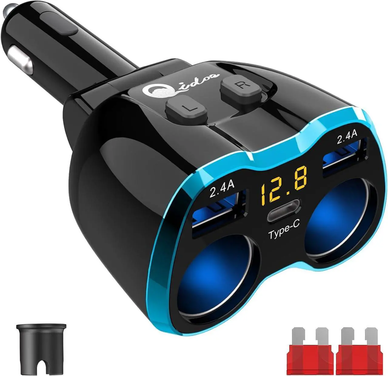 Main image of Cigarette Lighter Splitter: USB C 12V Car Charger Adapter 2 Socket Type C Multi 12 Volt Power Outlet 24V DC 80W with LED Voltmeter Switch 6.3A Dual USB Port for Mobile Cell Phone GPS Dash Cam