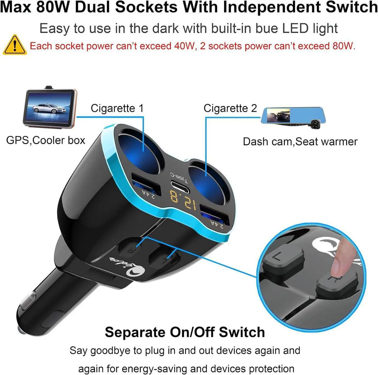 Alt view image 3 of 7 - Cigarette Lighter Splitter: USB C 12V Car Charger Adapter 2 Socket Type C Multi 12 Volt Power Outlet 24V DC 80W with LED Voltmeter Switch 6.3A Dual USB Port for Mobile Cell Phone GPS Dash Cam