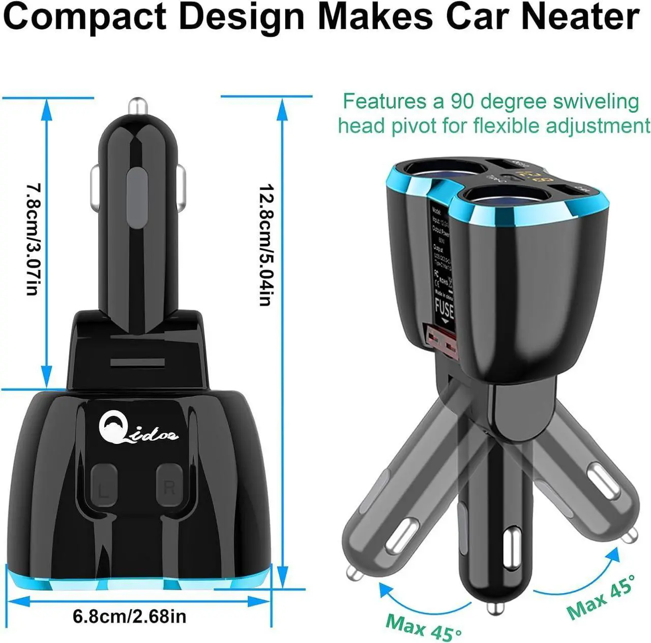Alt view image 5 of 7 - Cigarette Lighter Splitter: USB C 12V Car Charger Adapter 2 Socket Type C Multi 12 Volt Power Outlet 24V DC 80W with LED Voltmeter Switch 6.3A Dual USB Port for Mobile Cell Phone GPS Dash Cam