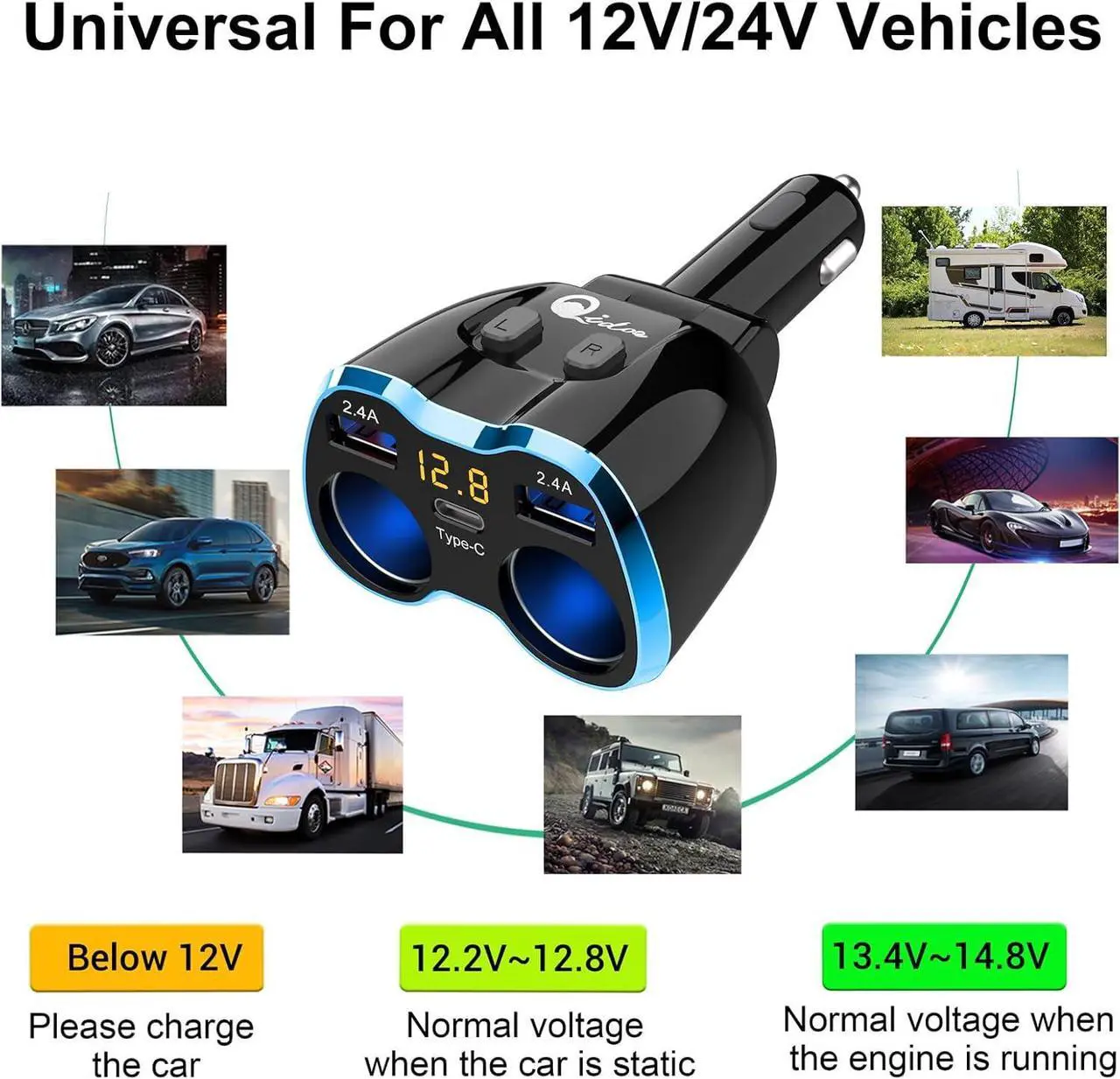 Alt view image 7 of 7 - Cigarette Lighter Splitter: USB C 12V Car Charger Adapter 2 Socket Type C Multi 12 Volt Power Outlet 24V DC 80W with LED Voltmeter Switch 6.3A Dual USB Port for Mobile Cell Phone GPS Dash Cam