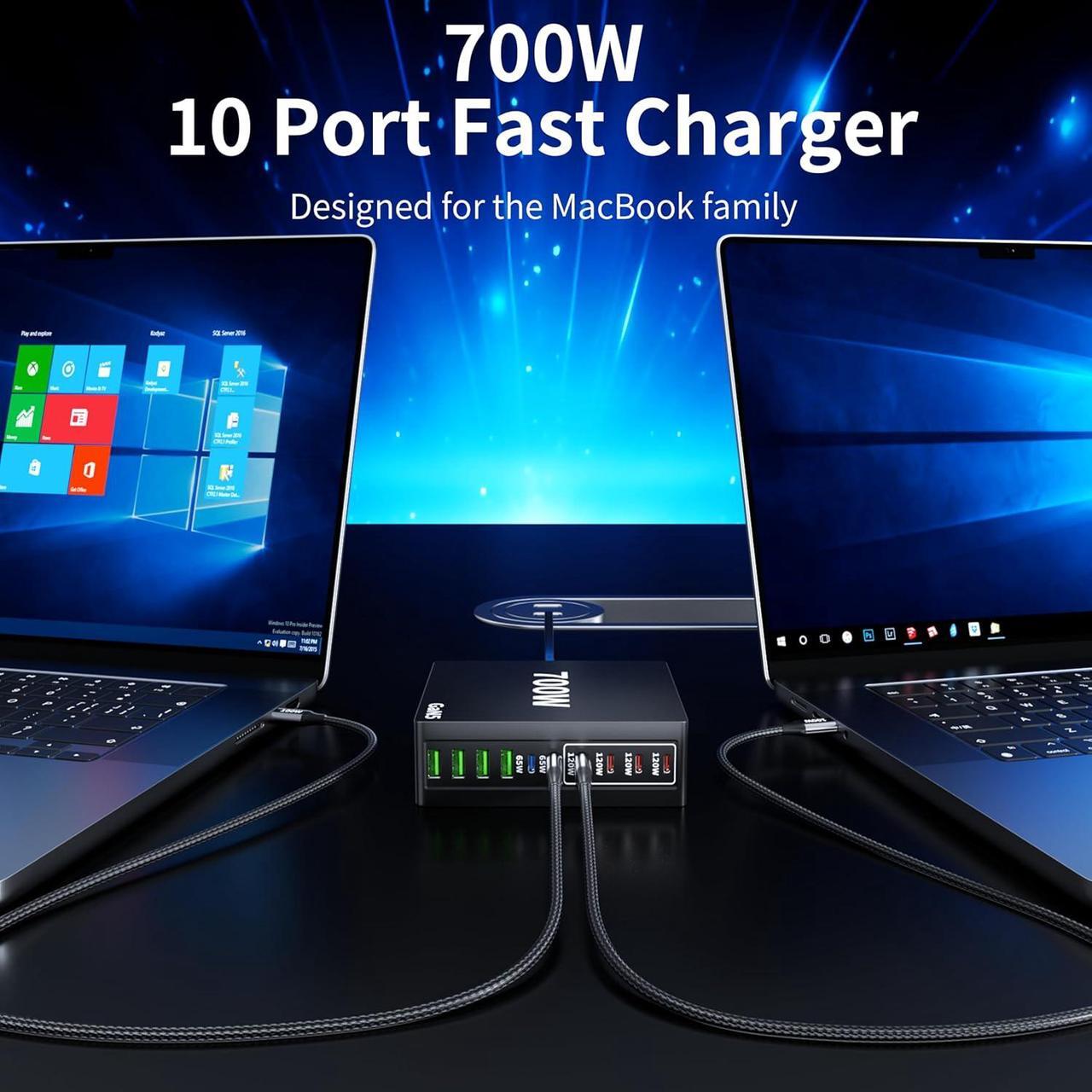 Alt view image 2 of 7 - 700W USB C Charger Block Fast 10 Port Charging Station Hub Brick PD 100W Gan Laptop Charger for  HP MacBook Pro/Air/All iPad iPhone 16 15/14/13/Pro Max/ Galaxy Note