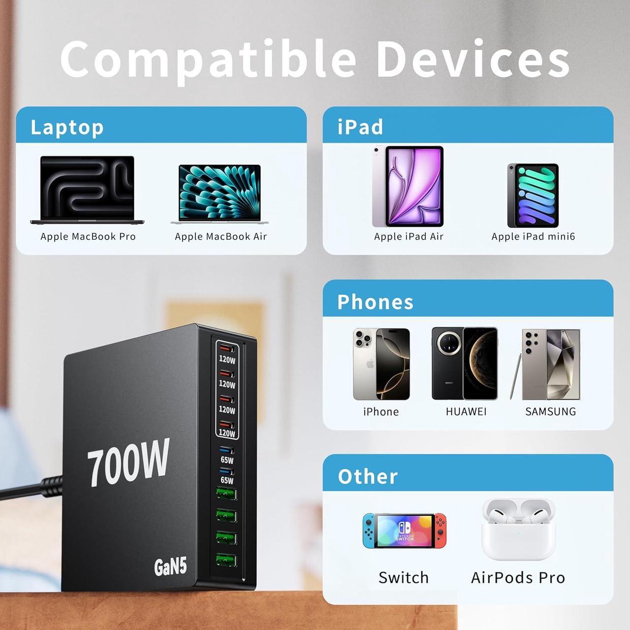 Alt view image 4 of 7 - 700W USB C Charger Block Fast 10 Port Charging Station Hub Brick PD 100W Gan Laptop Charger for  HP MacBook Pro/Air/All iPad iPhone 16 15/14/13/Pro Max/ Galaxy Note