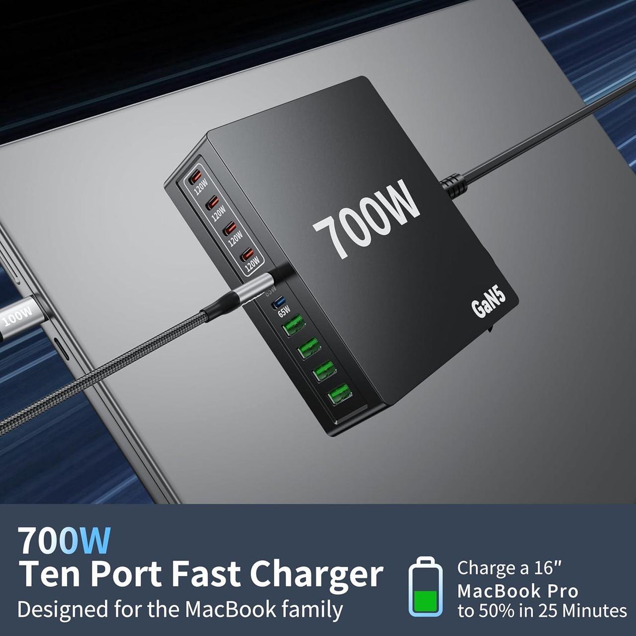 Alt view image 5 of 7 - 700W USB C Charger Block Fast 10 Port Charging Station Hub Brick PD 100W Gan Laptop Charger for  HP MacBook Pro/Air/All iPad iPhone 16 15/14/13/Pro Max/ Galaxy Note